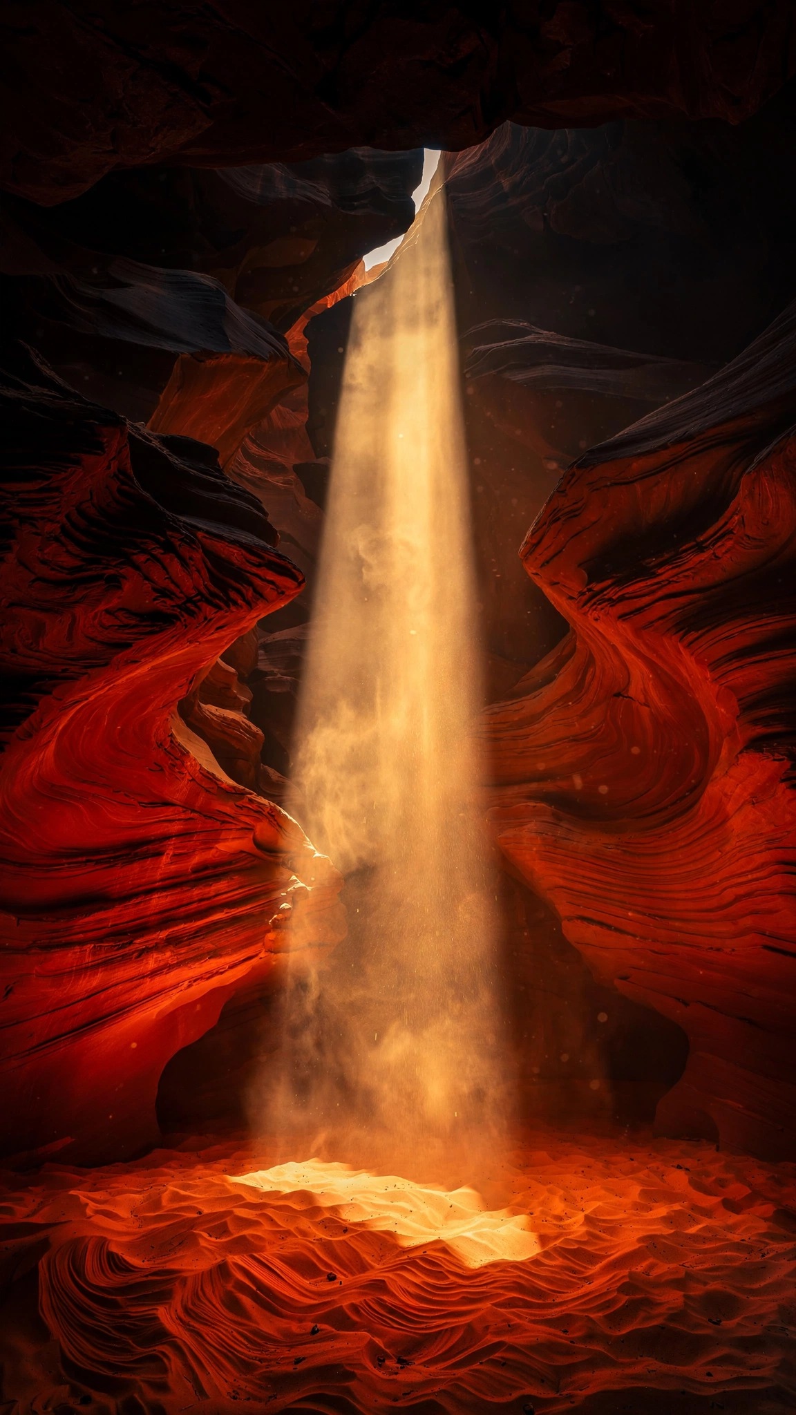 Golden sunbeam inside Antelope Canyon over rippled red sandstone