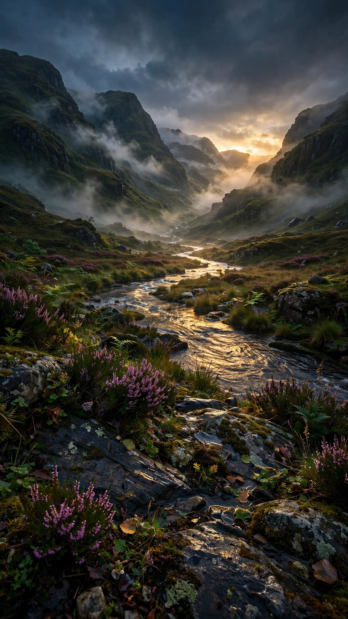 Misty Glen Coe valley at dawn with a golden river and heather