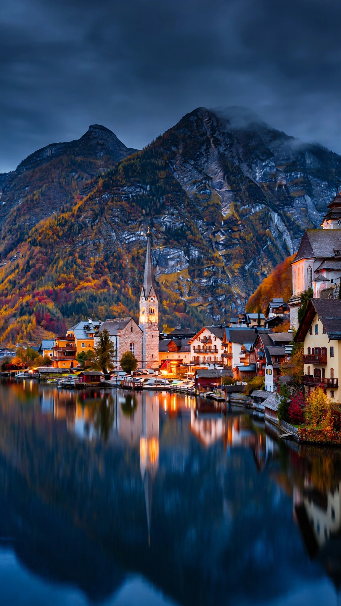 Hallstatt village at autumn dusk reflected in a calm lake