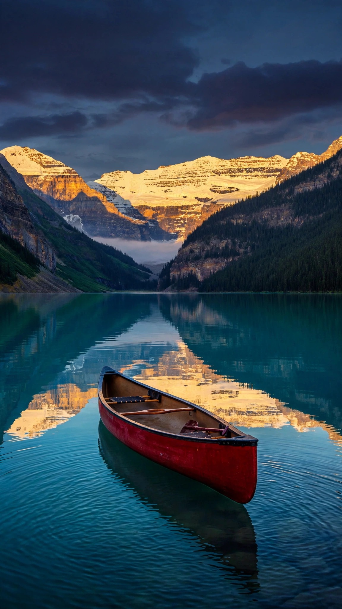 Red canoe on turquoise Lake Louise at dawn with mountain reflection
