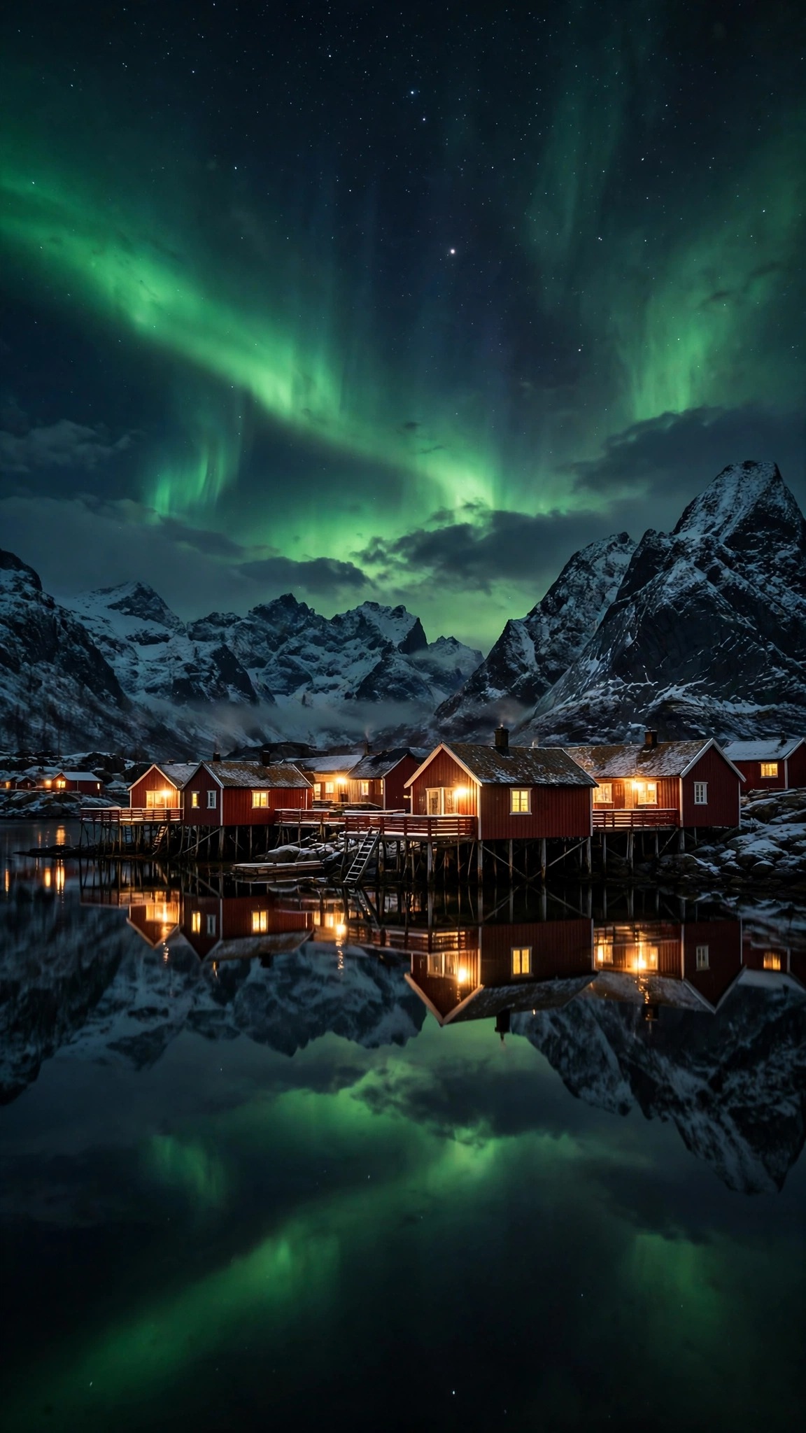 Red Lofoten cabins reflected in a fjord under the northern lights at night