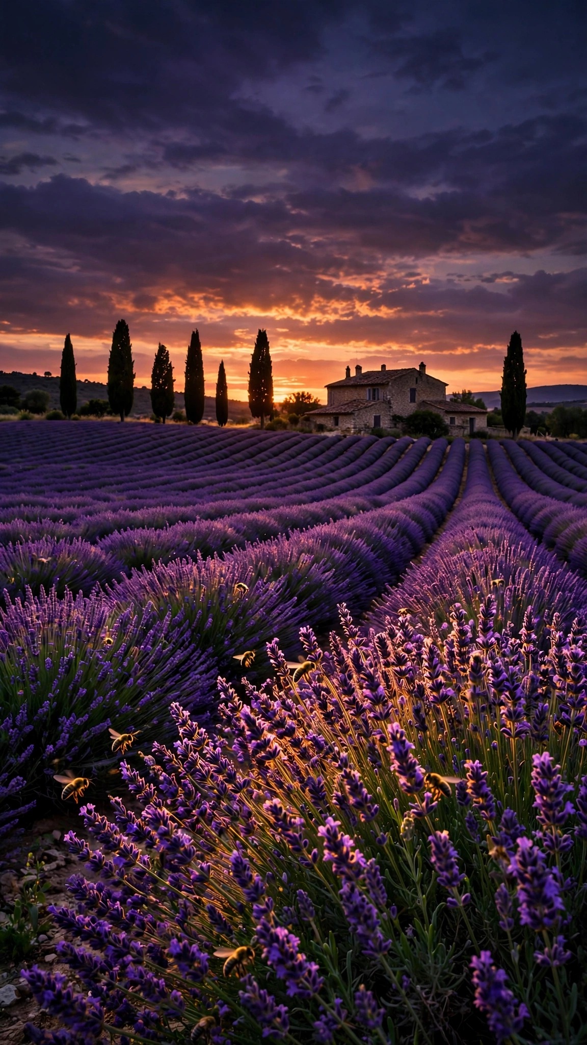 Purple lavender fields in Provence at sunset with a stone farmhouse