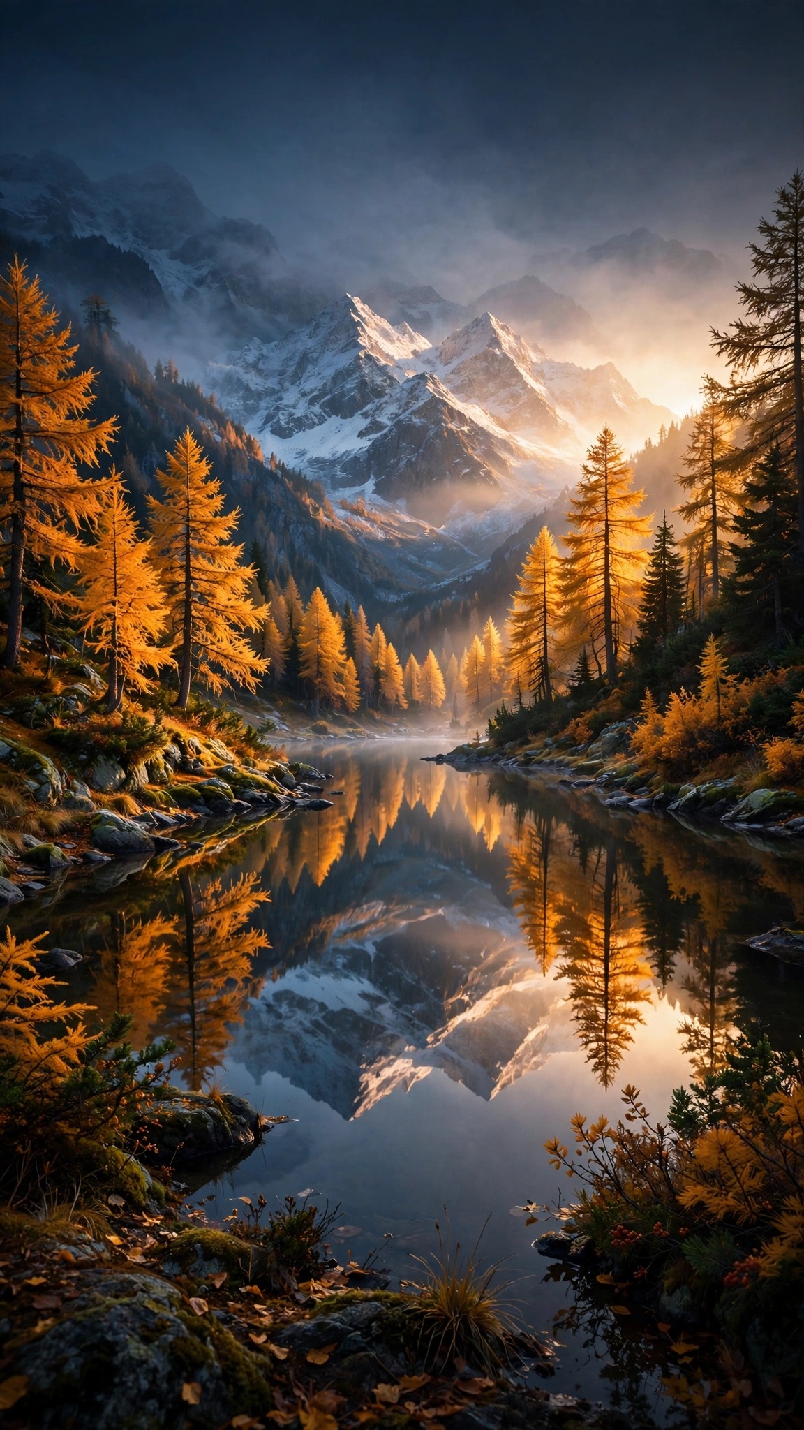 Alpine lake reflecting snowy peaks and golden larches