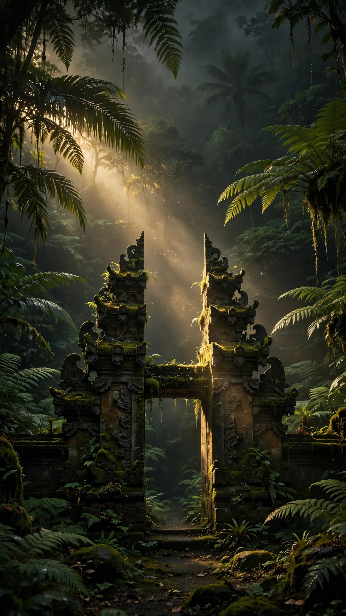 Mossy Bali temple gate in foggy jungle dawn light