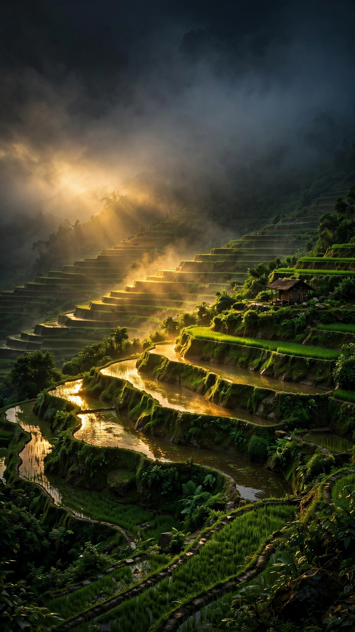 Emerald rice terraces glowing in golden dawn mist