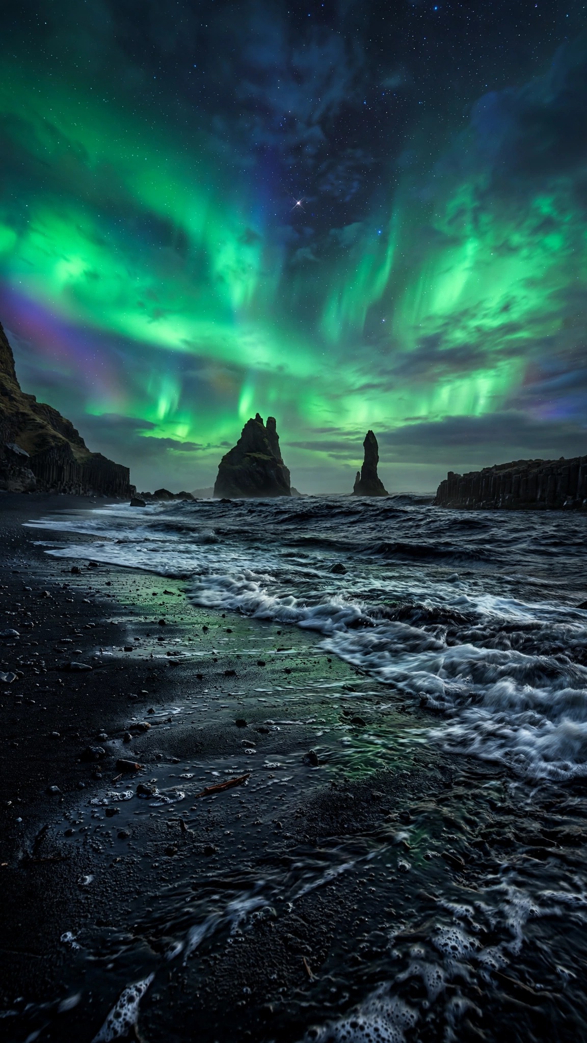 Black sand beach under green aurora at night