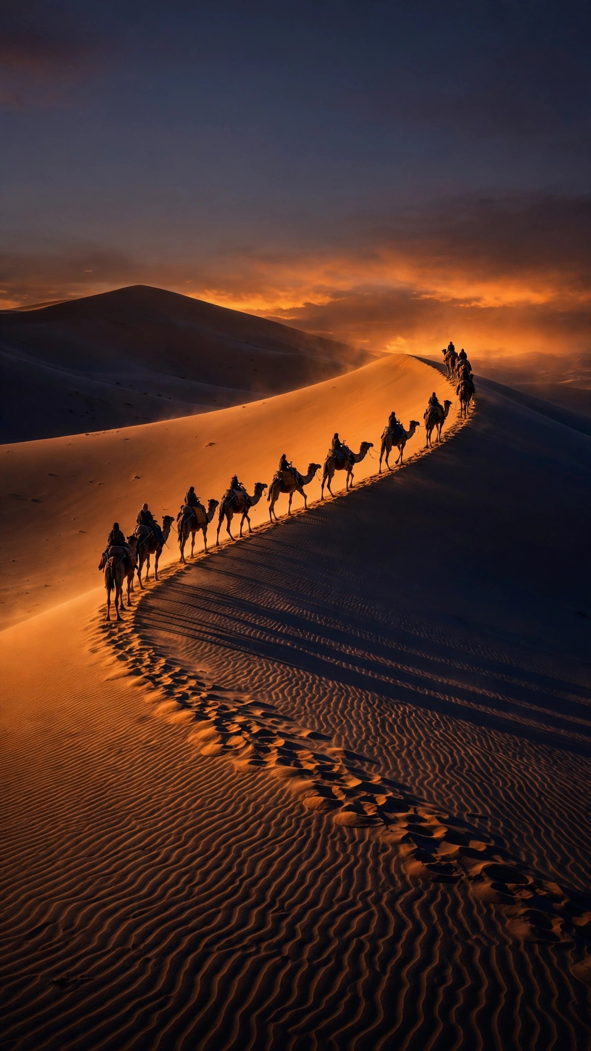 Camel caravan crossing golden Sahara dunes at dusk