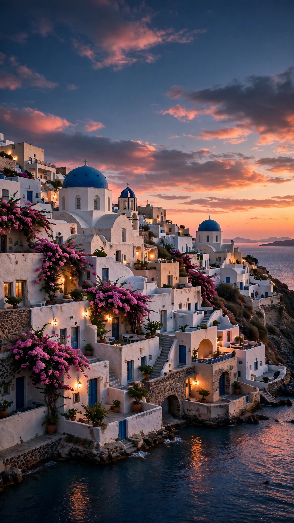 Santorini blue domes above the sea at sunset