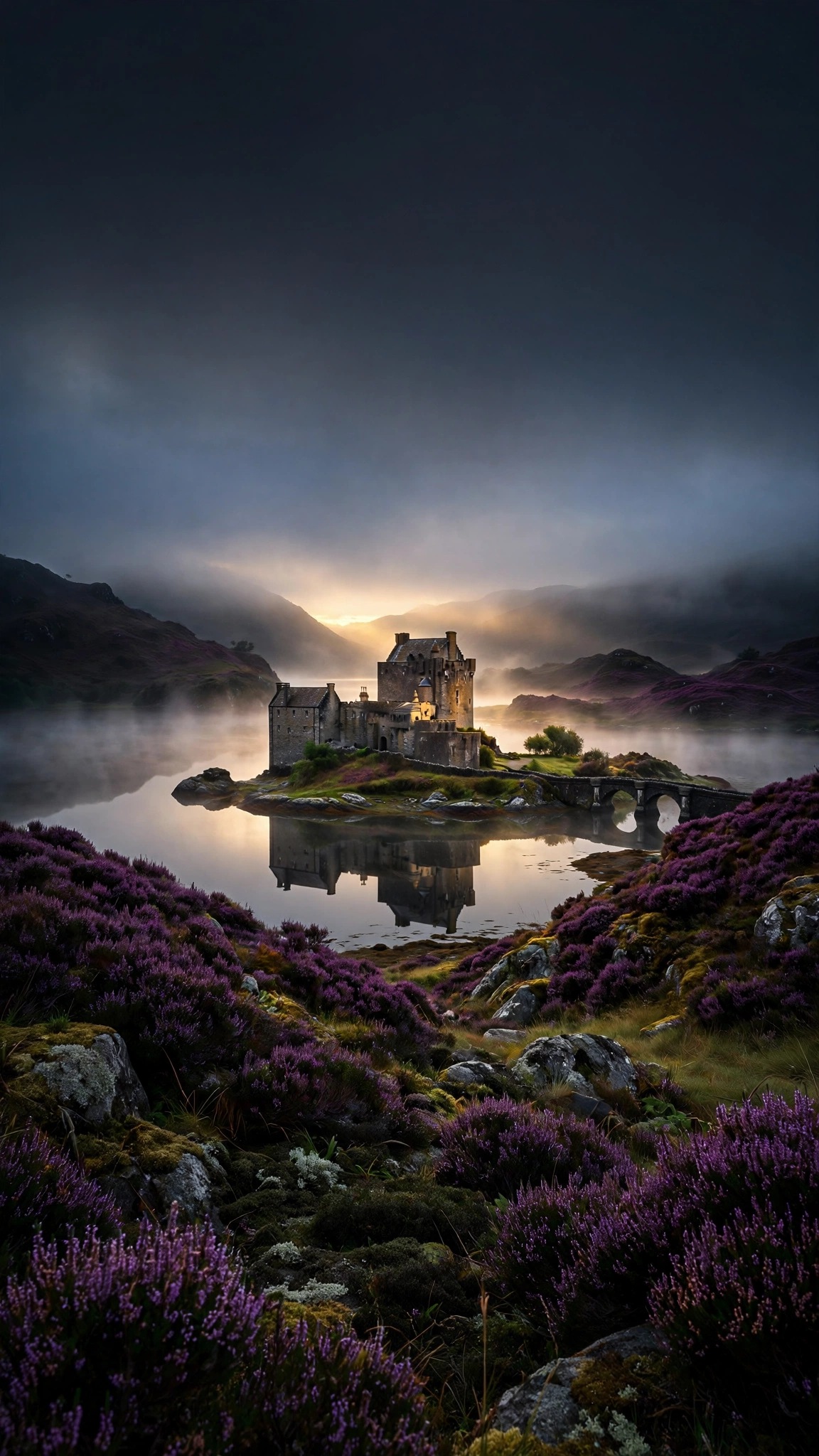 Stone castle on a misty highland loch at dawn