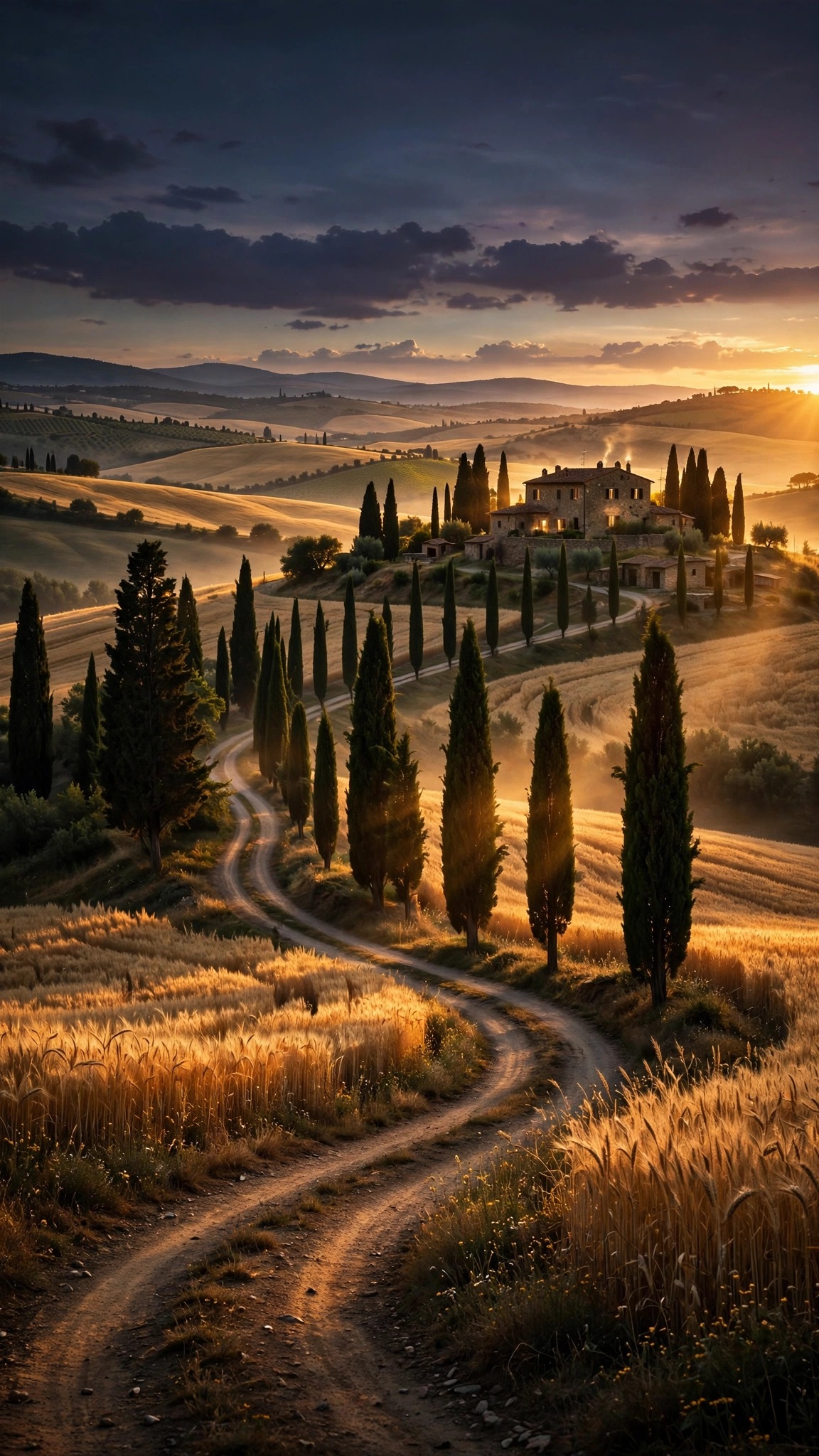 Cypress-lined road to a Tuscan farmhouse at sunset