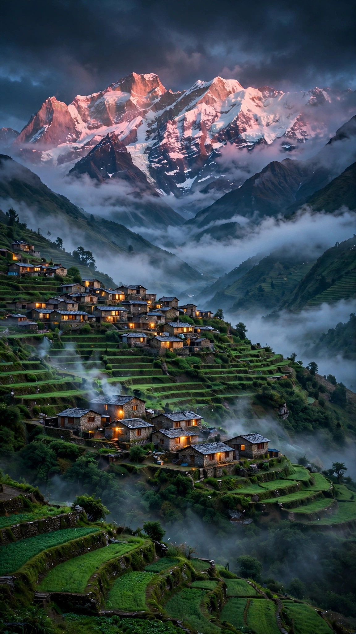 Himalayan terraced village at dawn beneath pink snow peaks