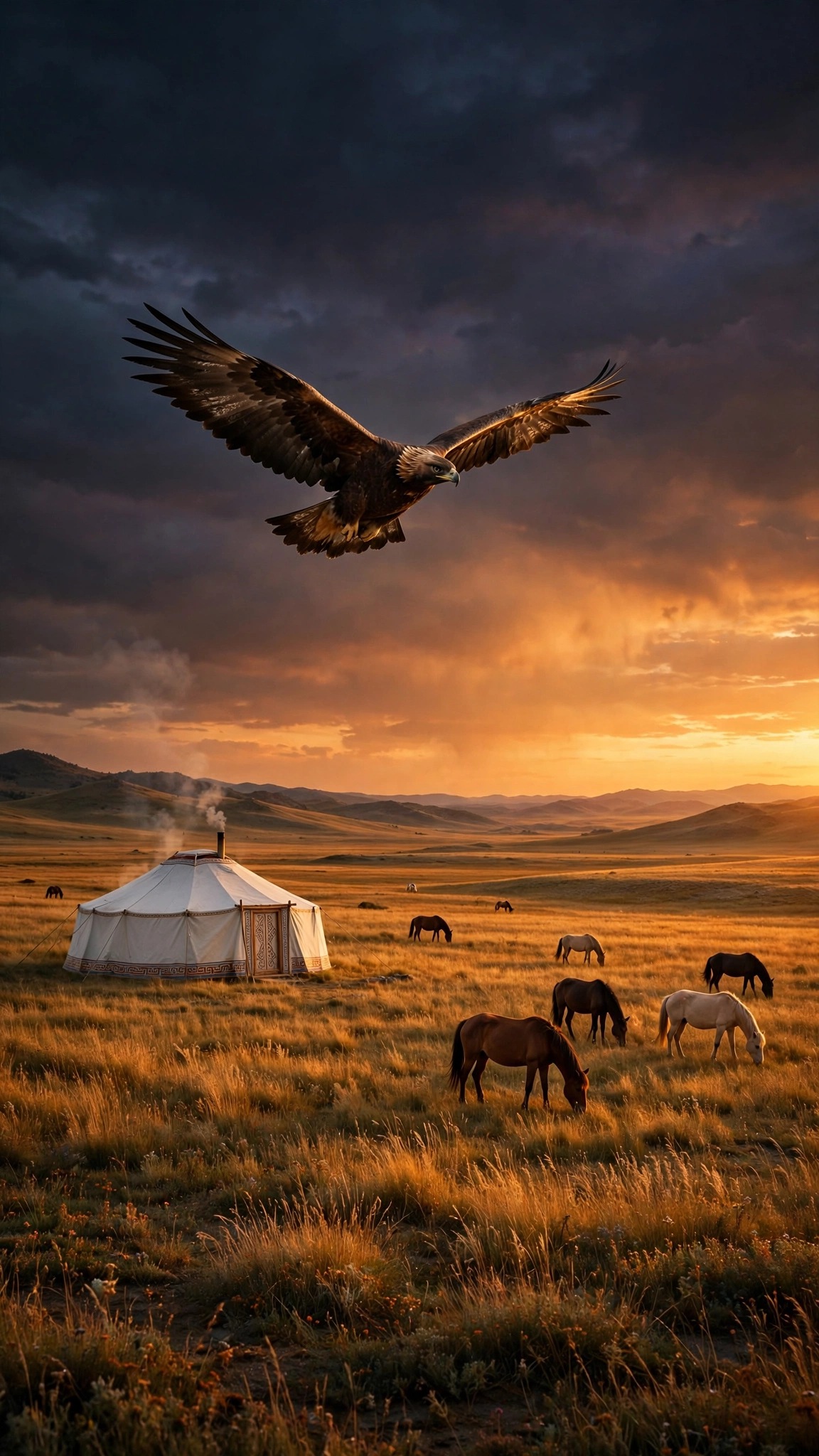 Golden eagle soaring over the Mongolian steppe at sunset