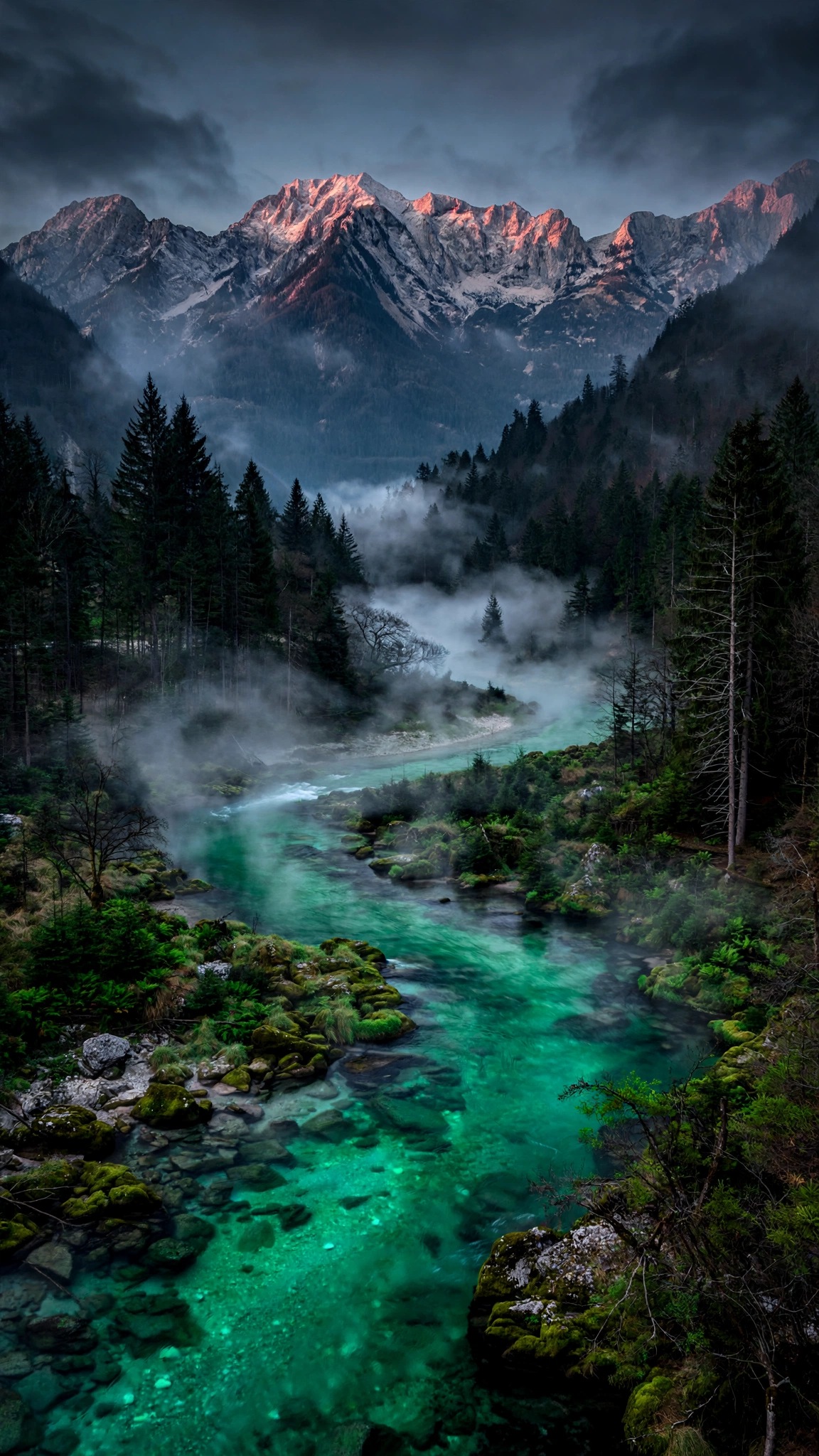 Emerald river winding through a misty Slovenian alpine valley