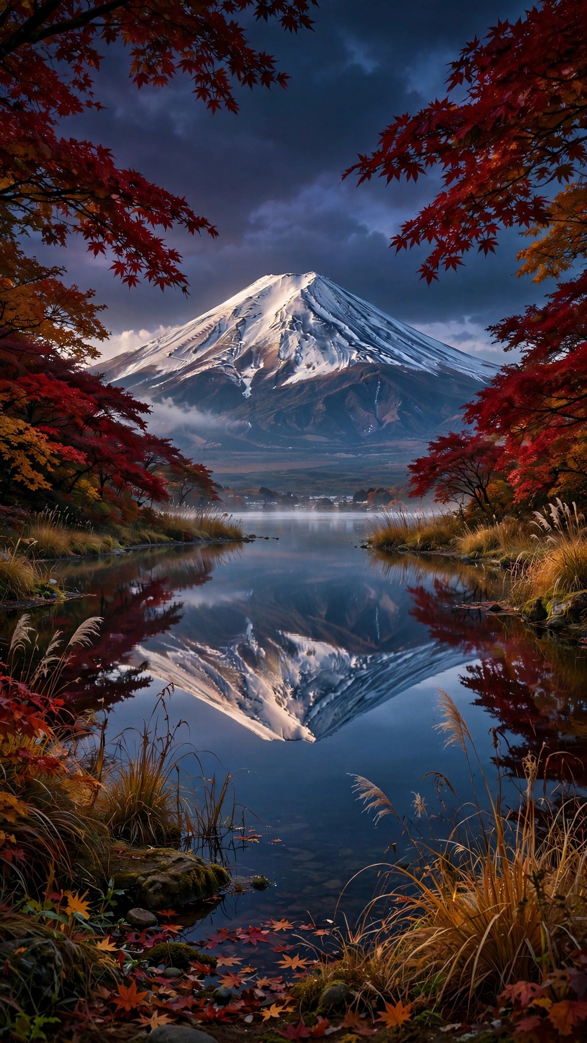 Snow-capped Mount Fuji reflected in a calm lake framed by crimson autumn maples.
