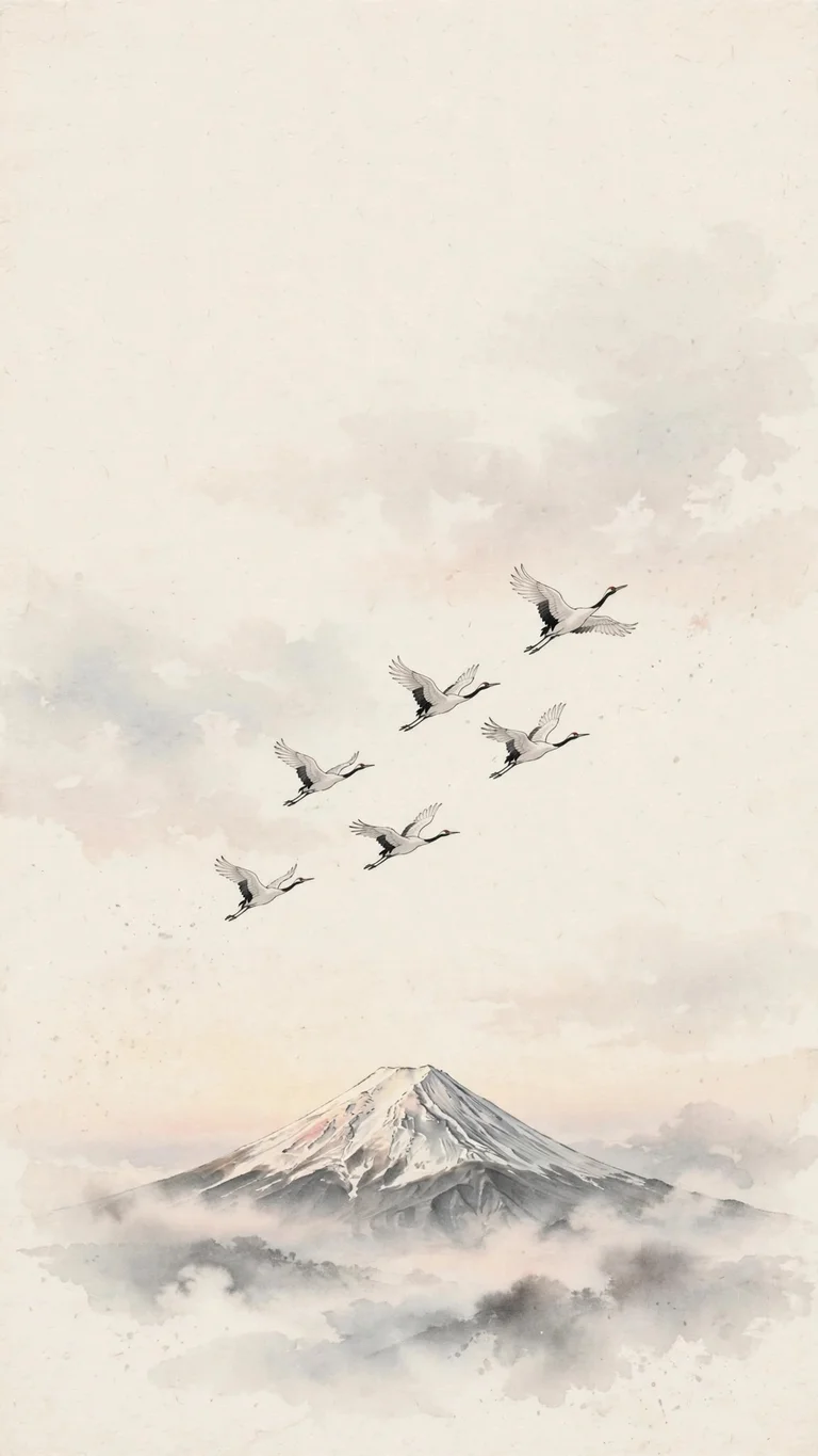 Cranes flying over Mount Fuji at dawn