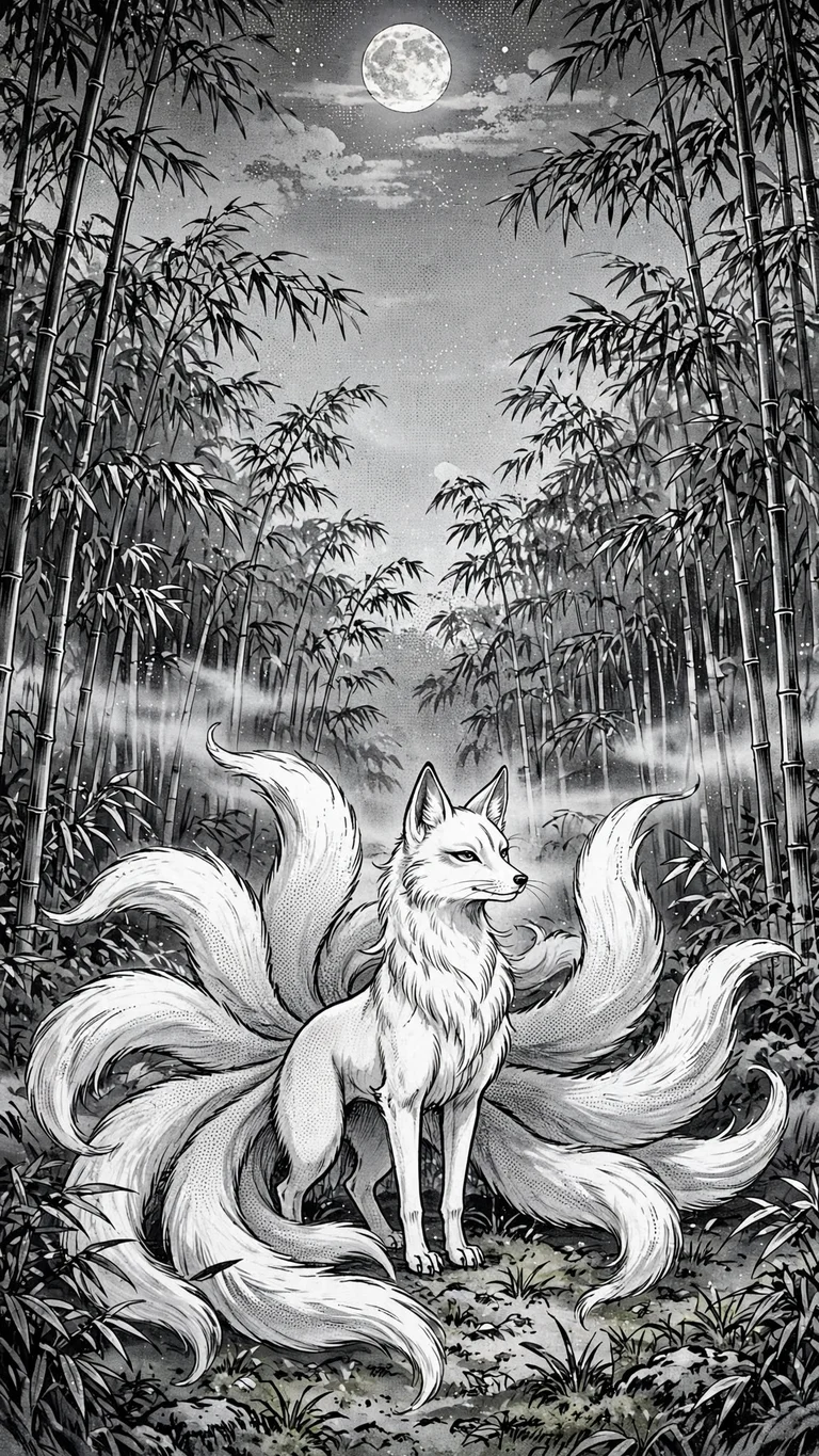 Nine-tailed fox spirit standing in a moonlit bamboo forest
