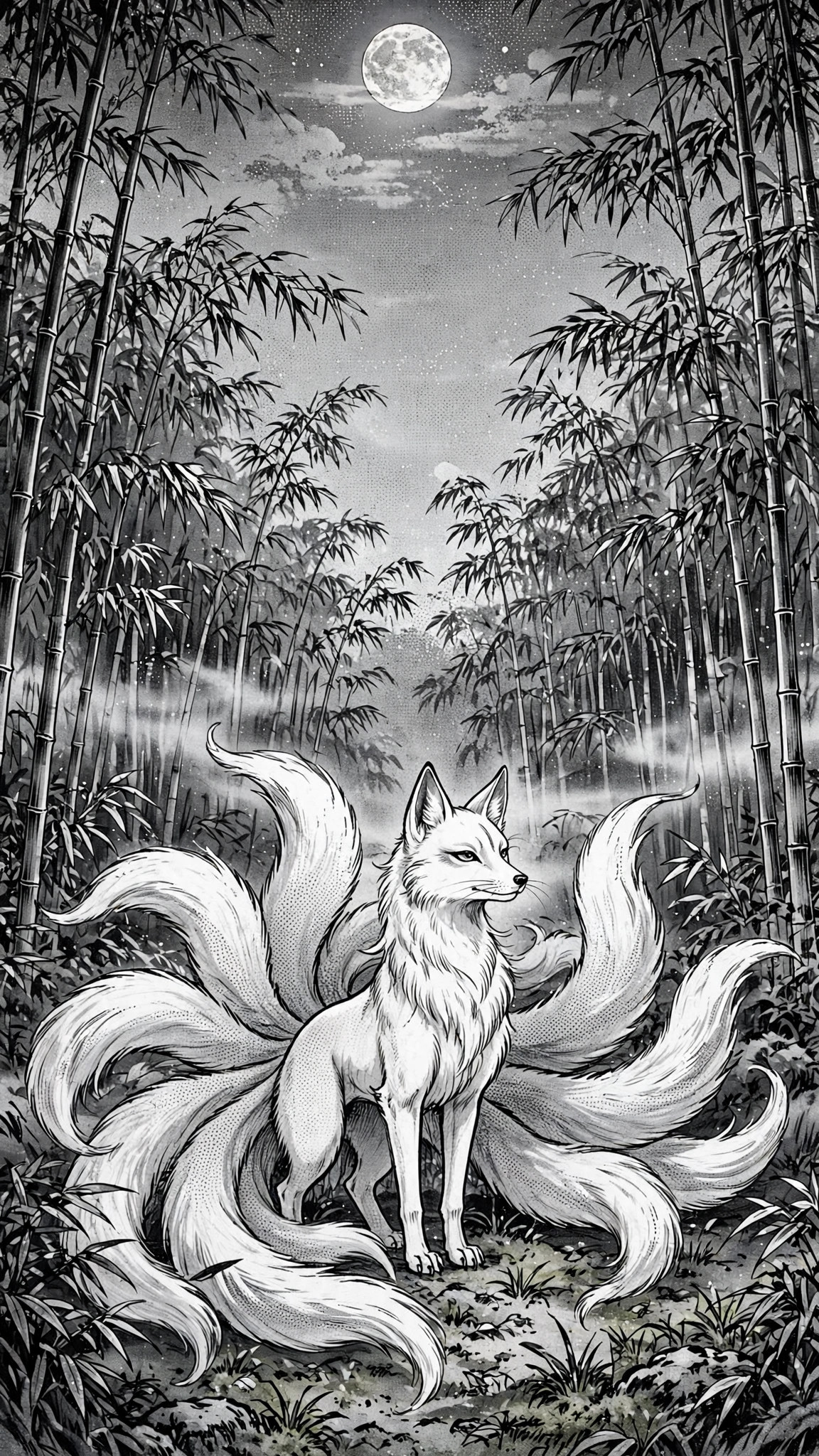 Nine-tailed fox spirit standing in a moonlit bamboo forest