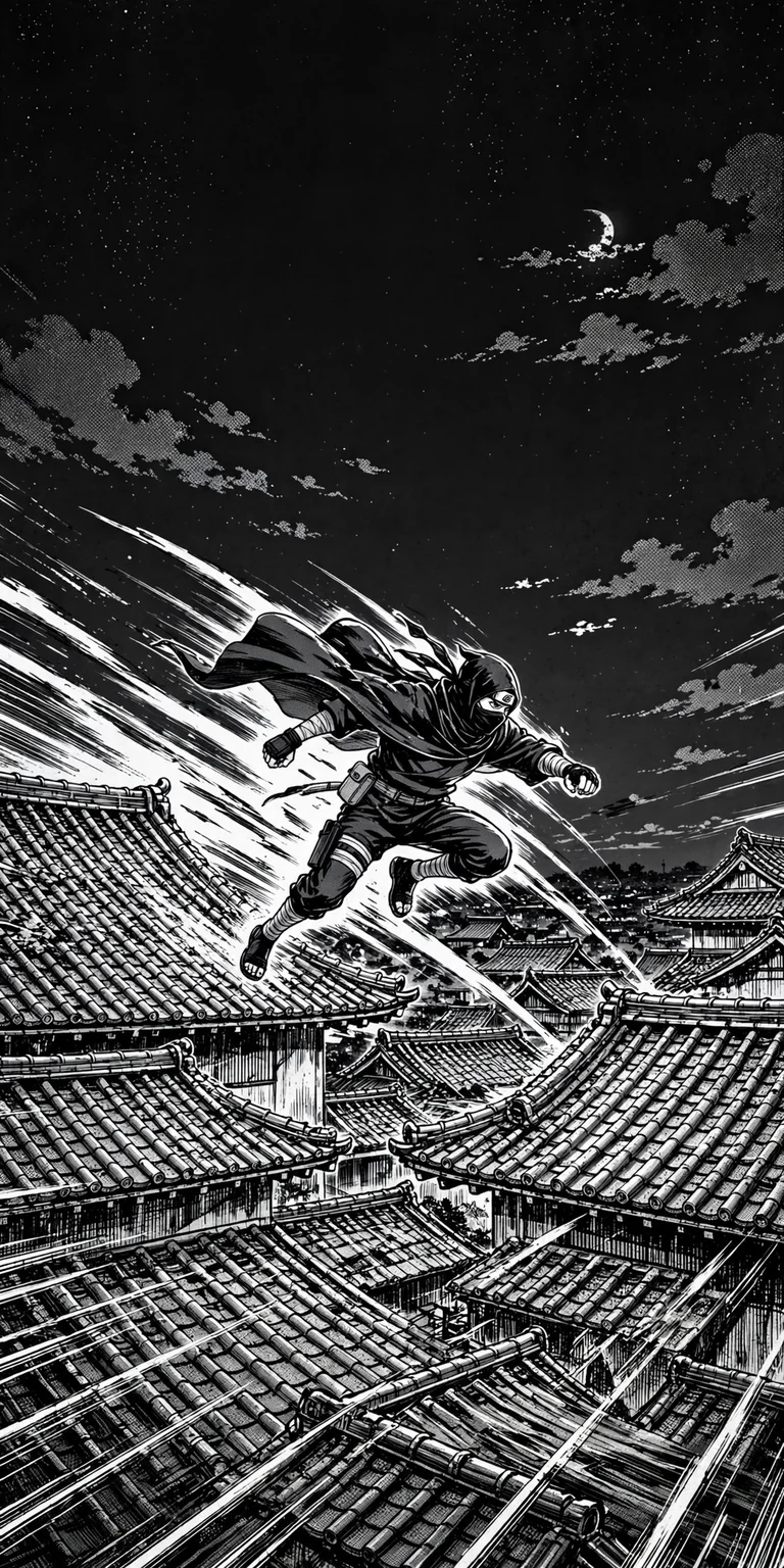 Ninja leaping across tiled rooftops at night