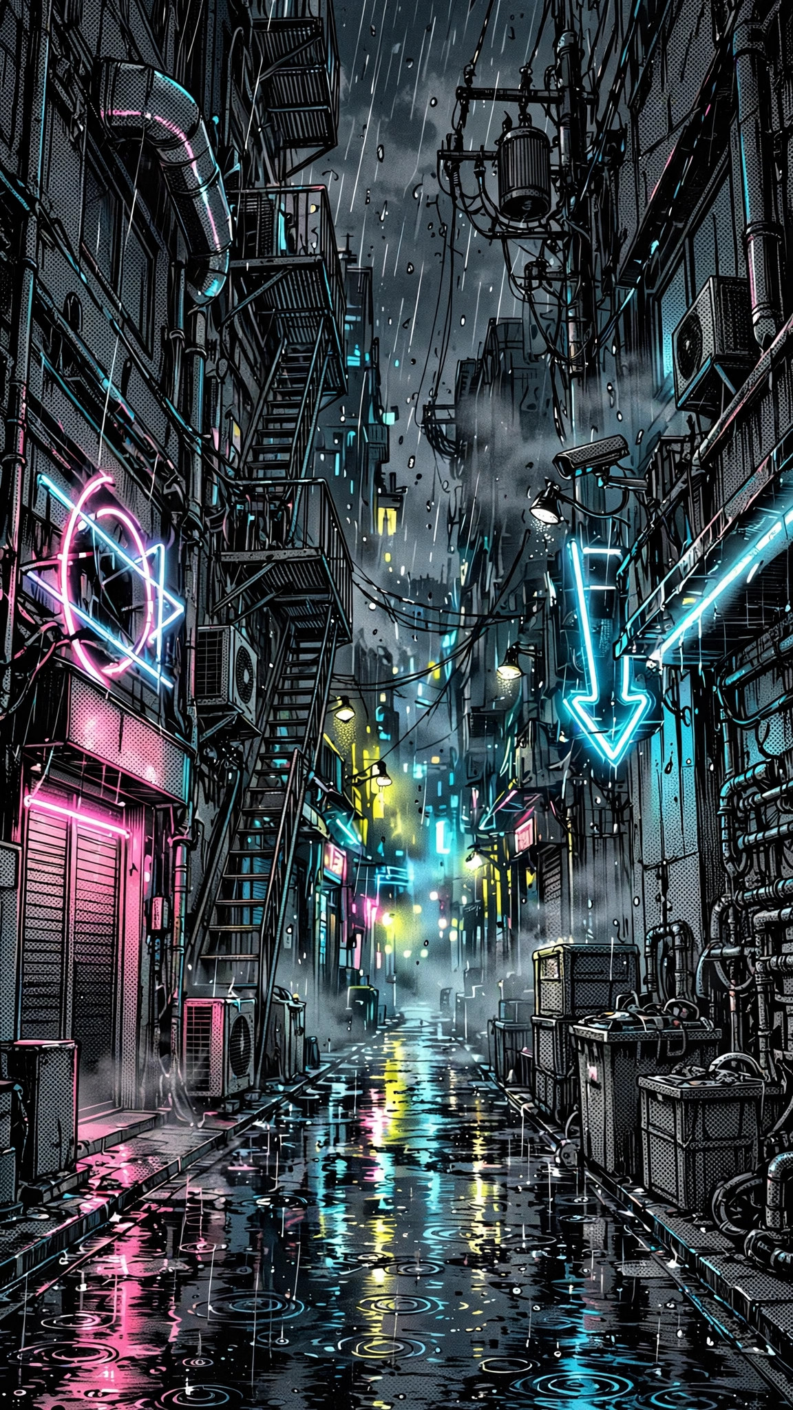 Rain-soaked cyberpunk alley with glowing neon signs