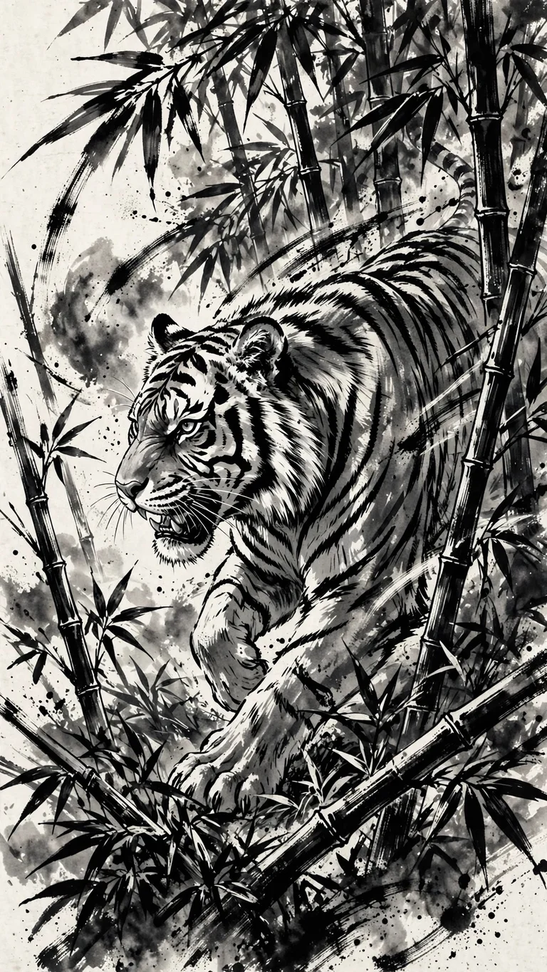 Tiger prowling through tall bamboo stalks