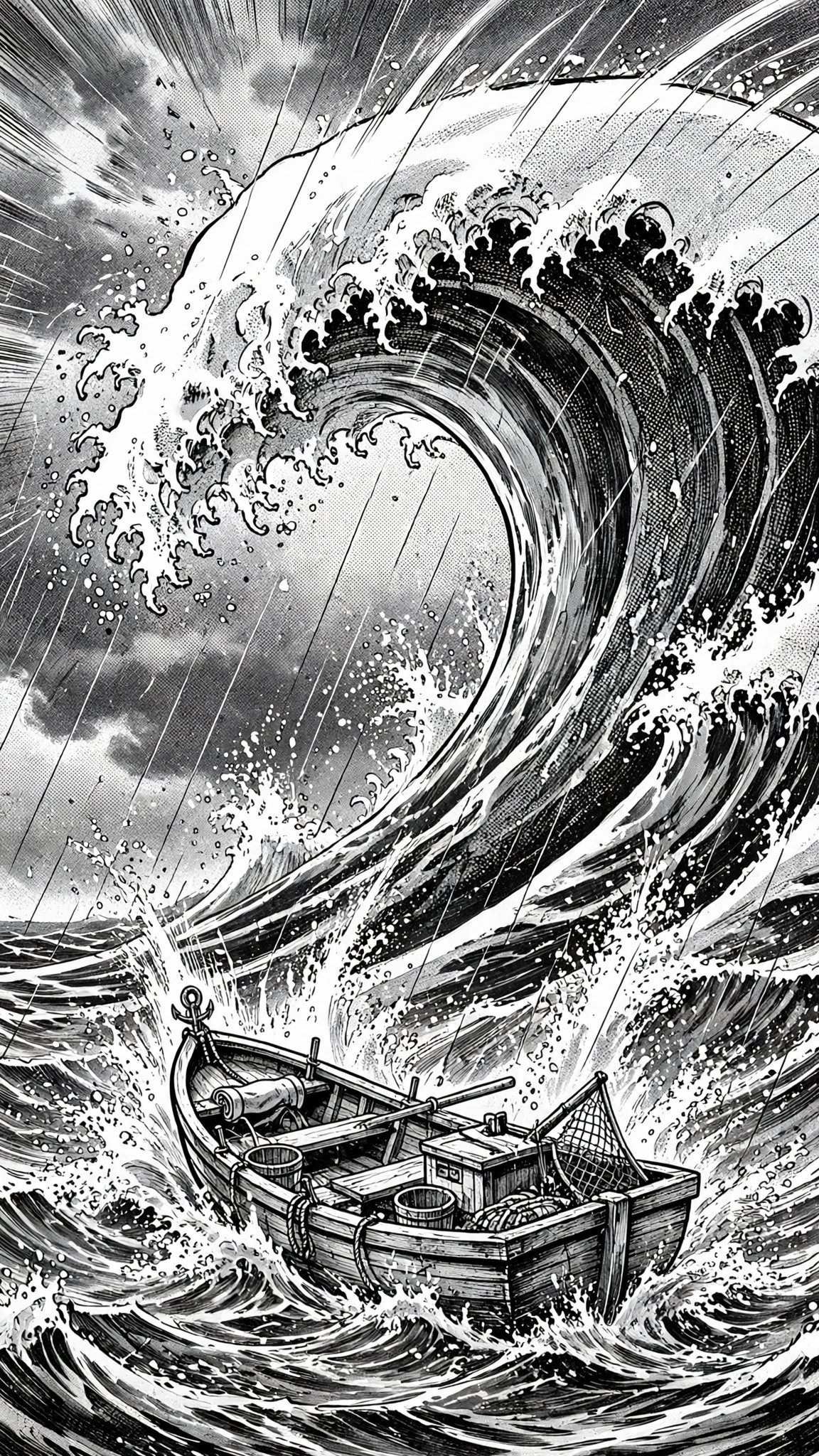 Towering ocean wave about to crash over a small wooden boat