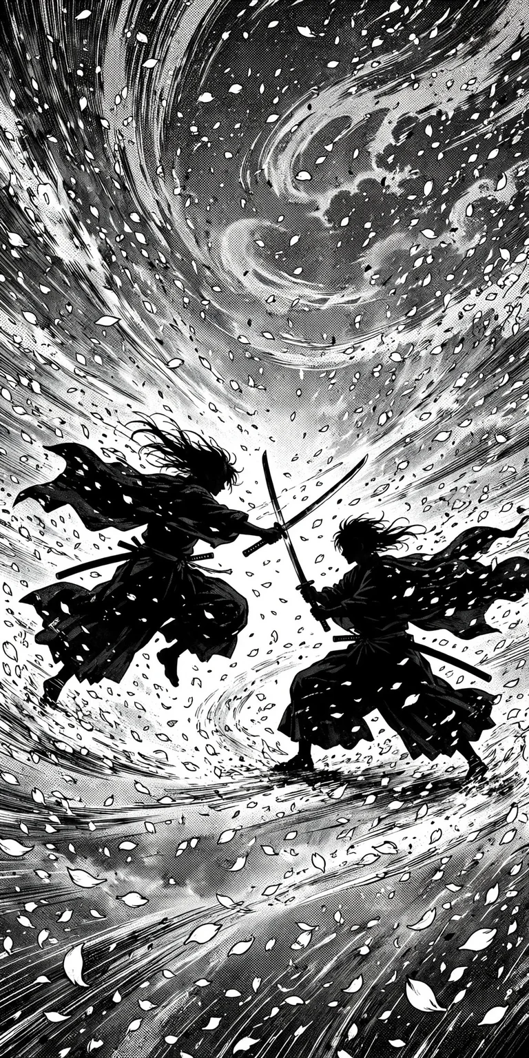 Two swordsmen silhouettes dueling under a storm of falling cherry blossom petals
