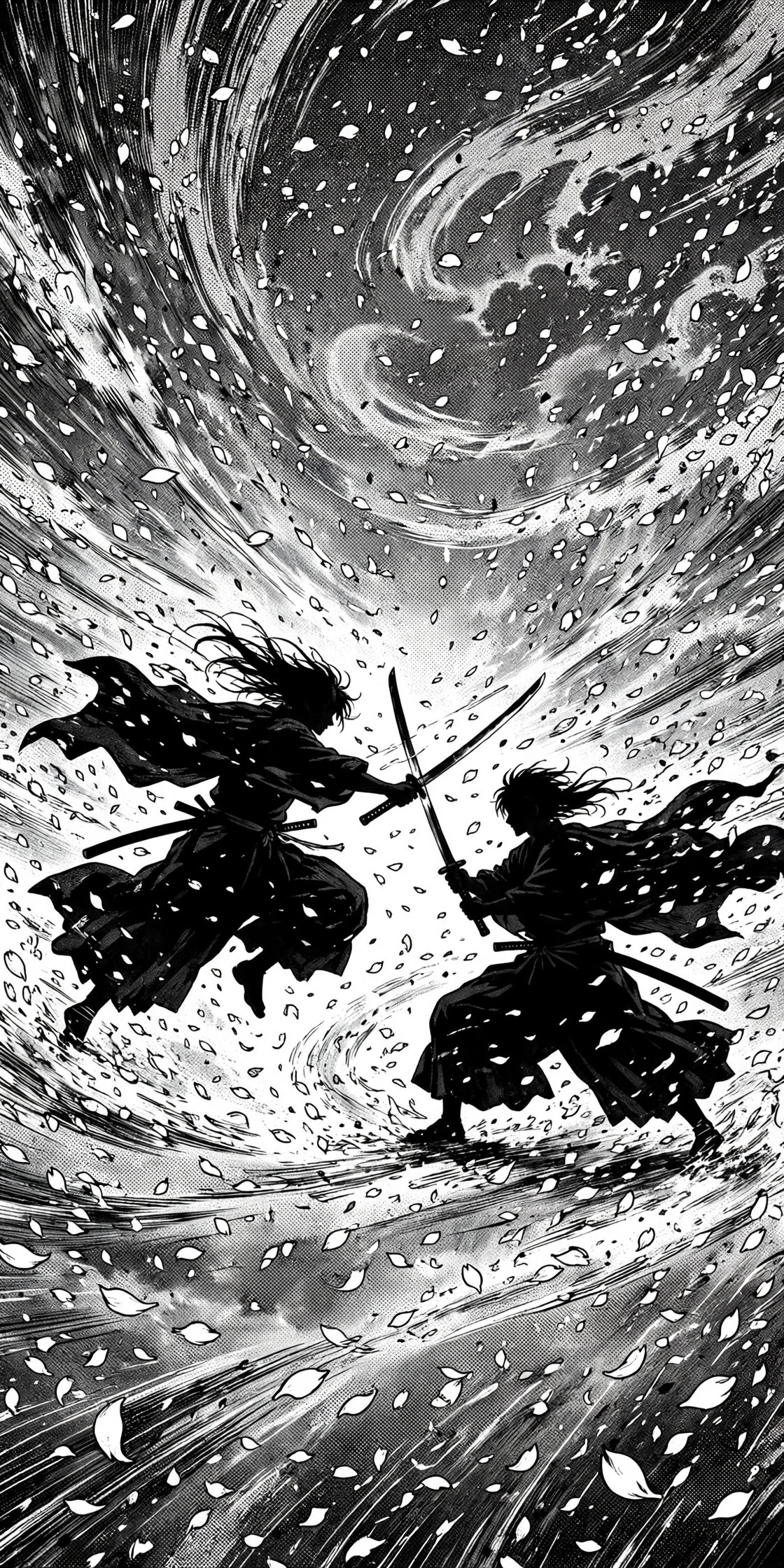 Two swordsmen silhouettes dueling under a storm of falling cherry blossom petals