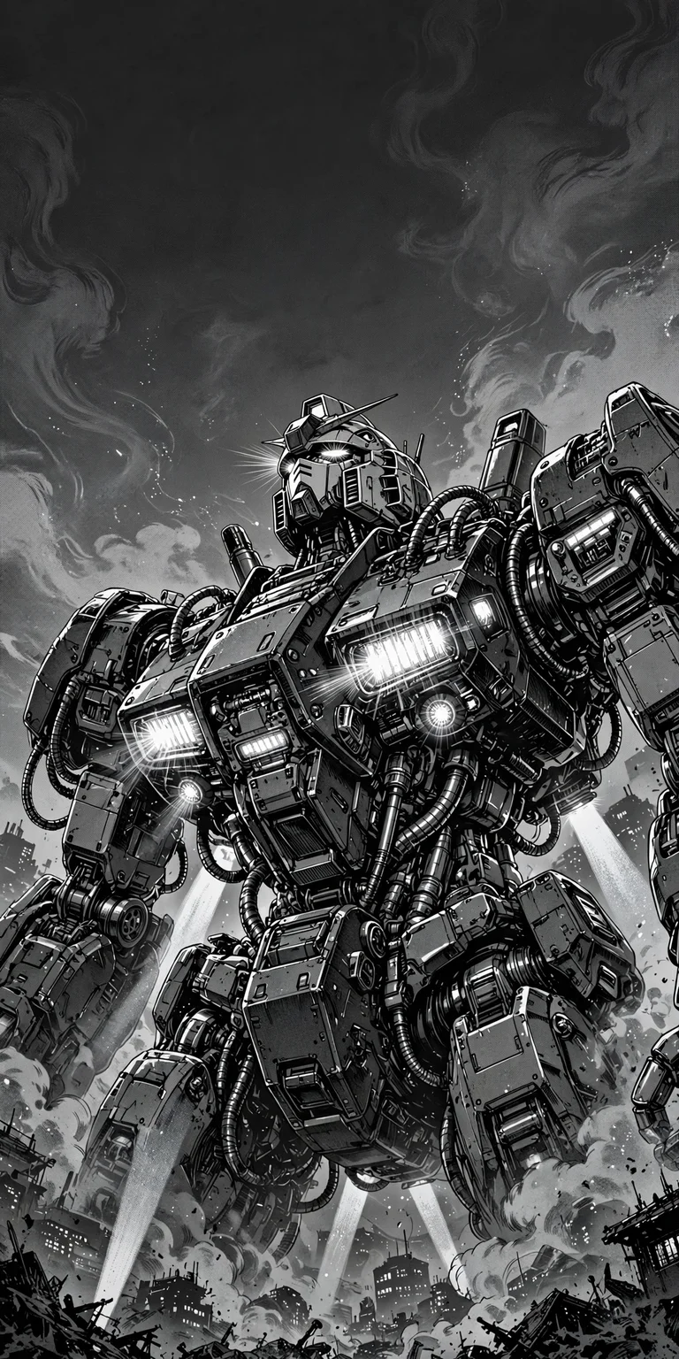giant mech robot rising through city smog