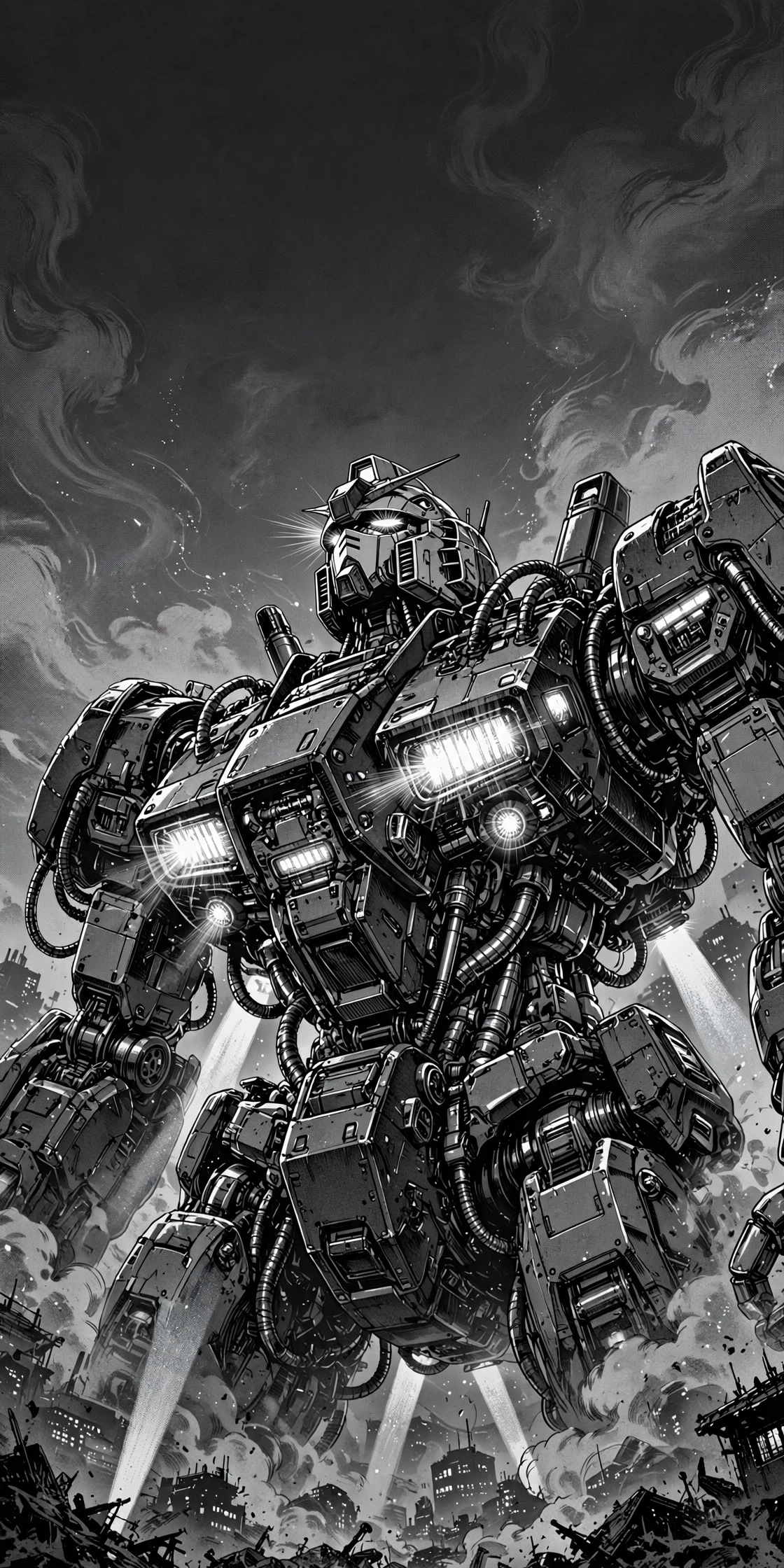 giant mech robot rising through city smog