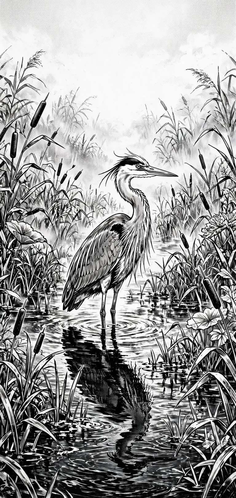 heron standing in a misty marsh