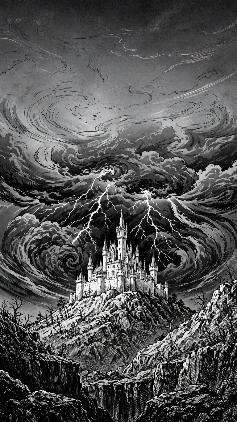 hilltop castle under swirling storm clouds