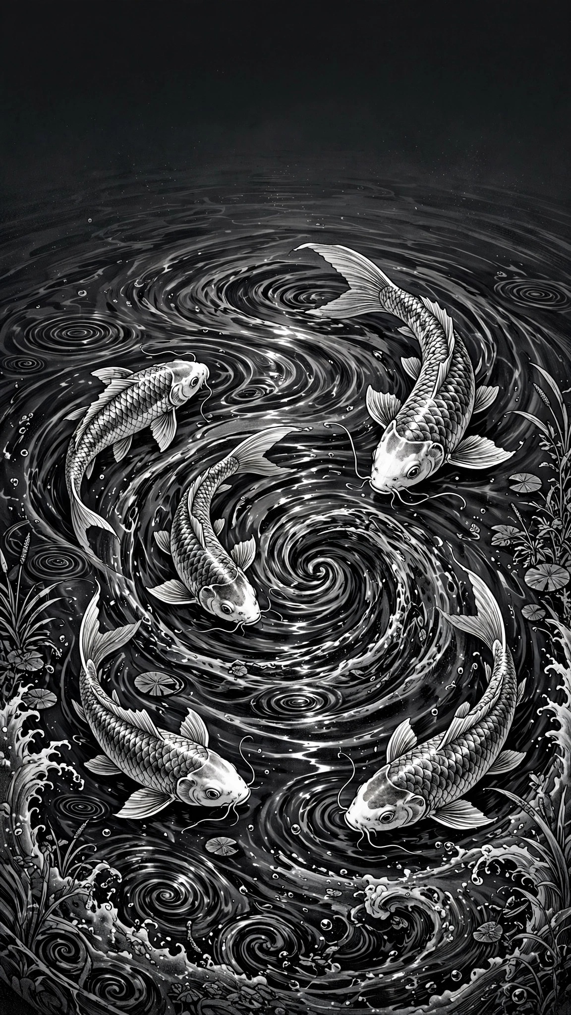 koi fish swirling in a dark pond
