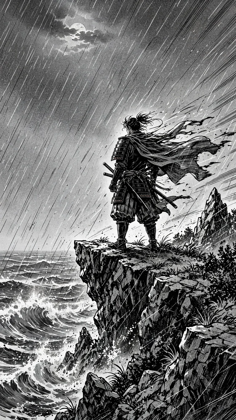 lone samurai standing on a cliff edge above a stormy sea