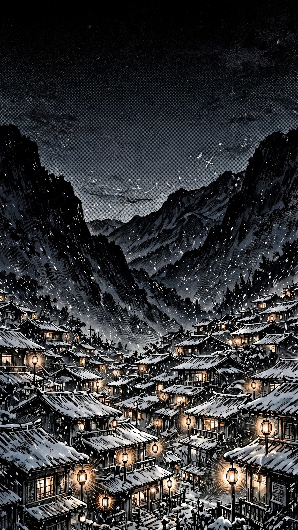 snowy mountain village with glowing lanterns