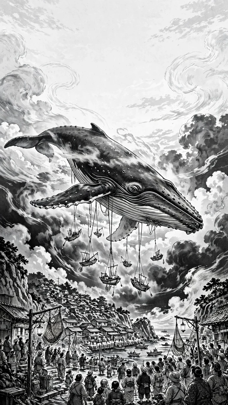 flying whale fishing village manga manga phone wallpaper