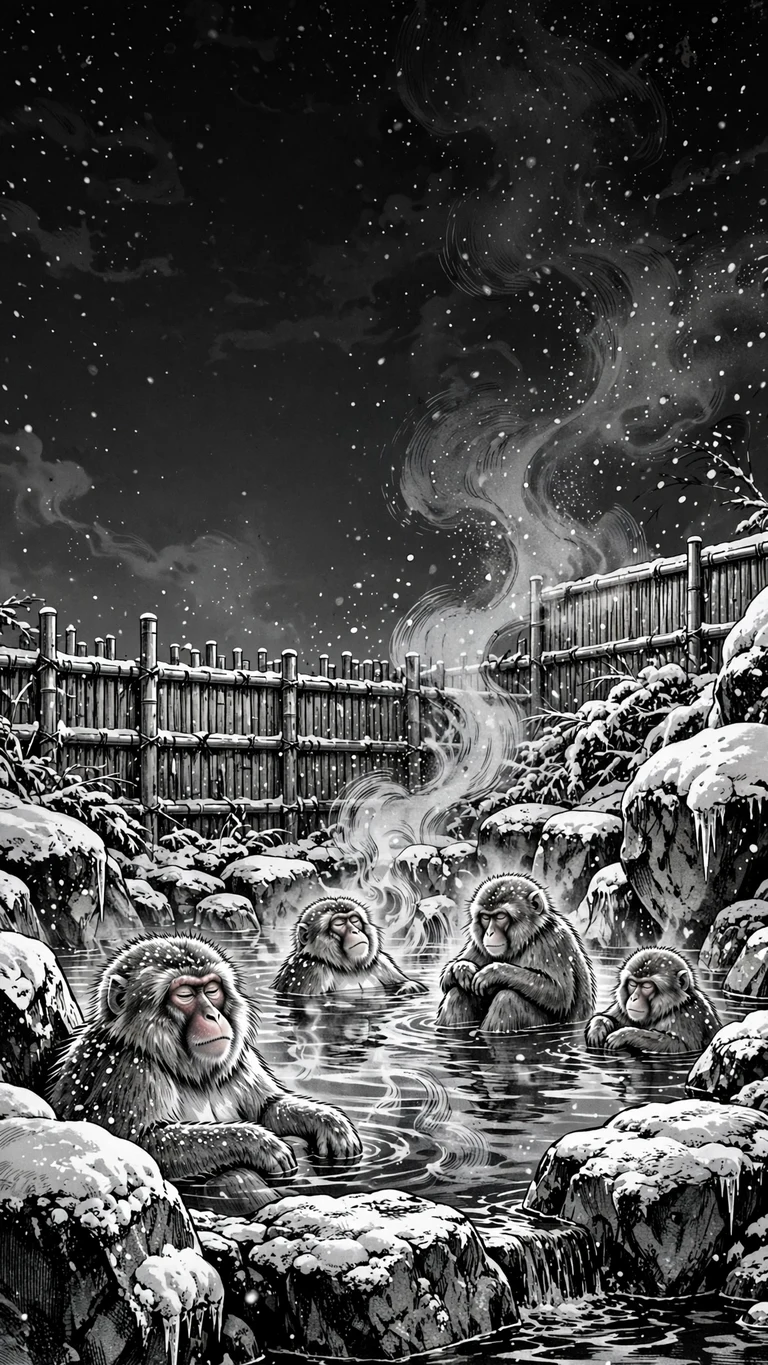 snow monkeys steaming onsen manga manga phone wallpaper