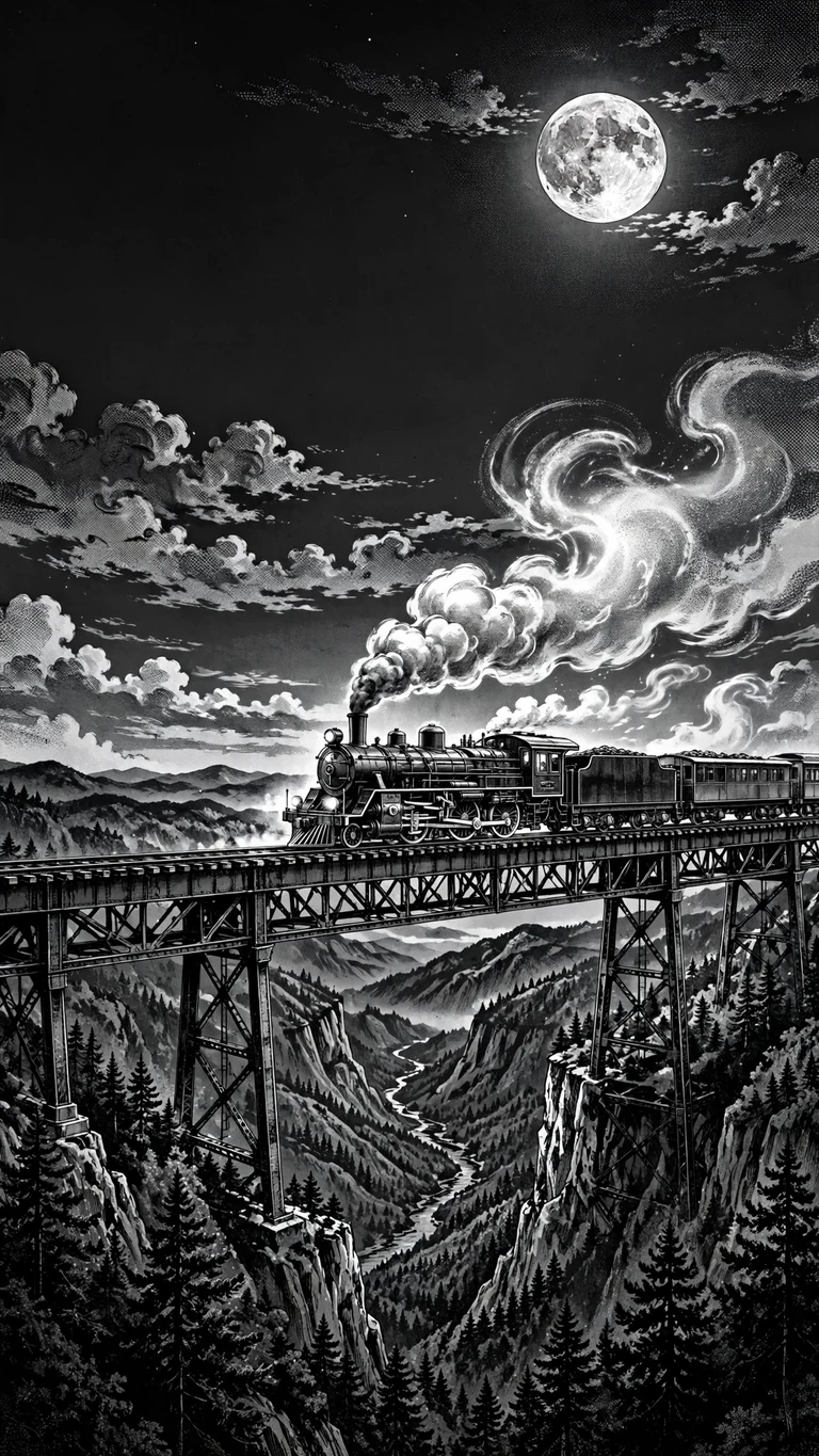 steam train moonlit bridge manga manga phone wallpaper