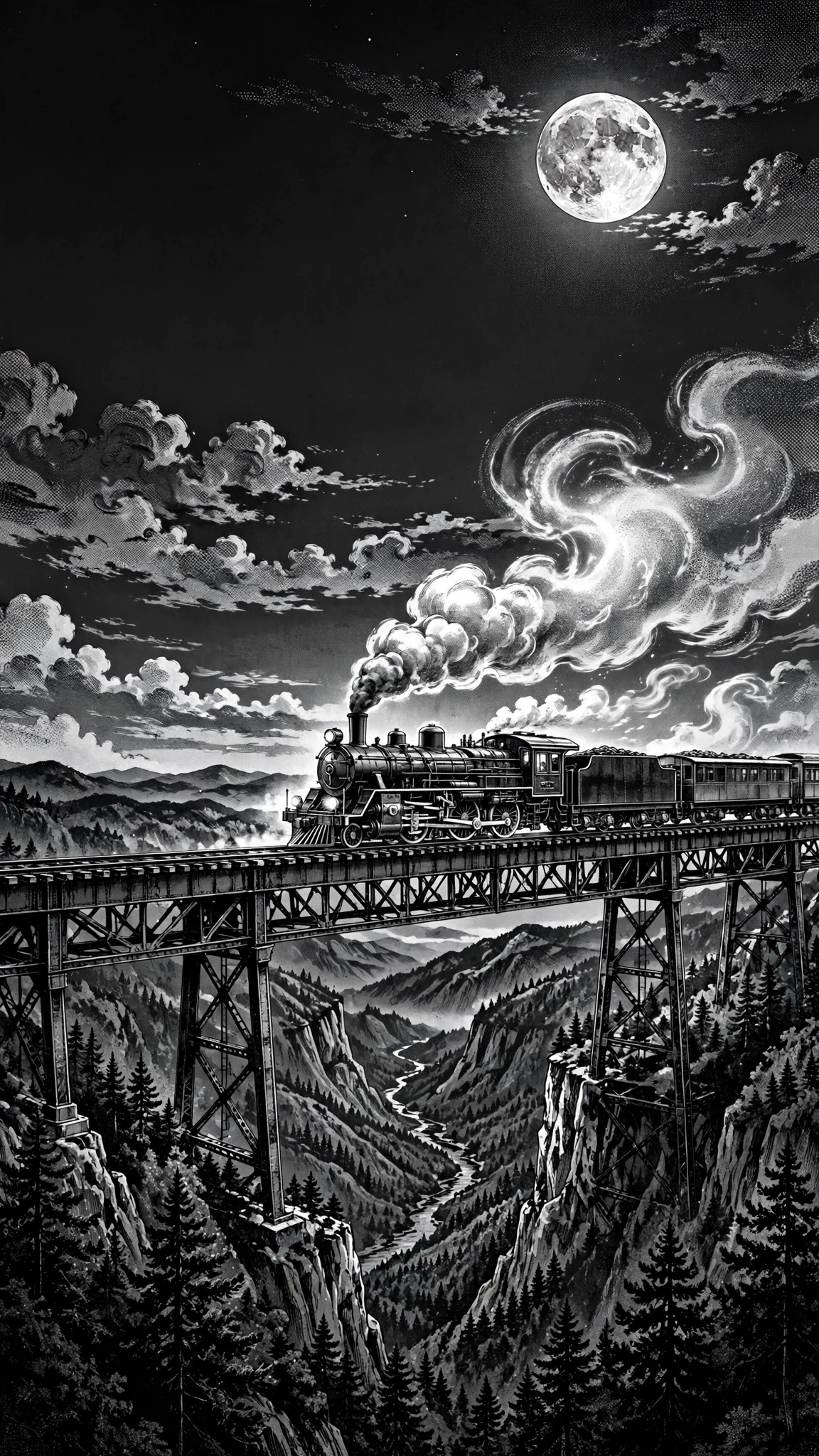 steam train moonlit bridge manga manga phone wallpaper