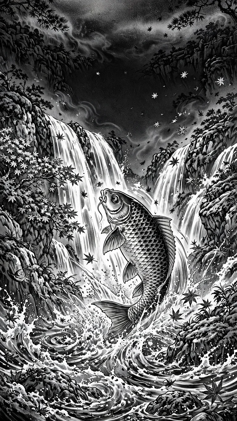 carp leaping up an autumn waterfall ink manga wallpaper
