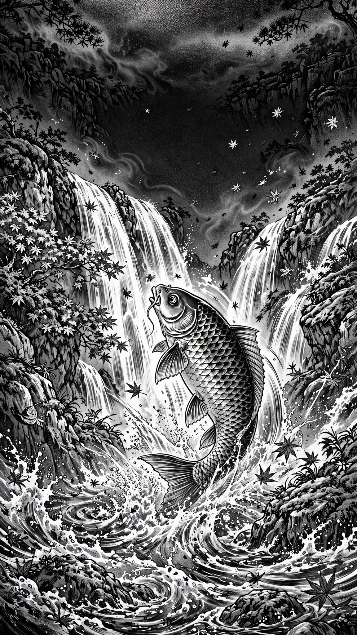 carp leaping up an autumn waterfall ink manga wallpaper