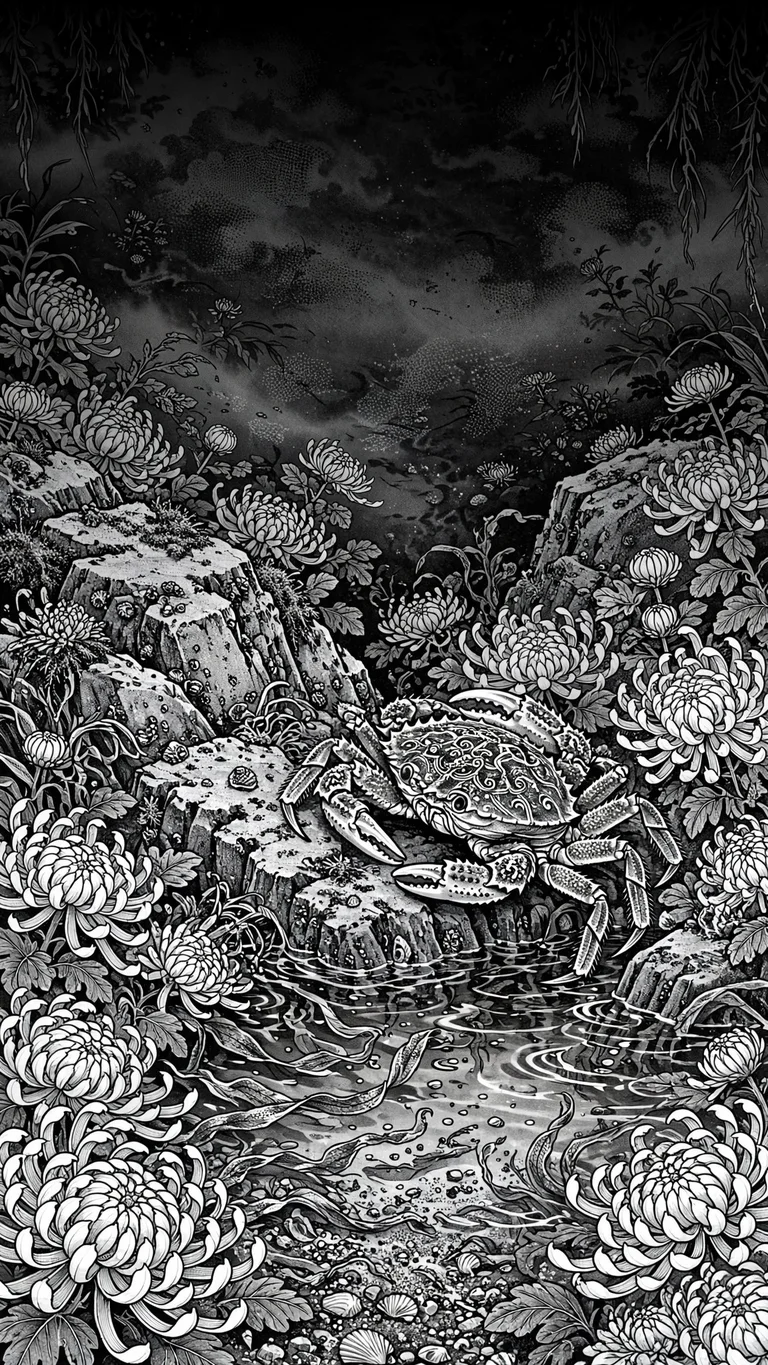 crab among chrysanthemums at a tide pool ink manga wallpaper