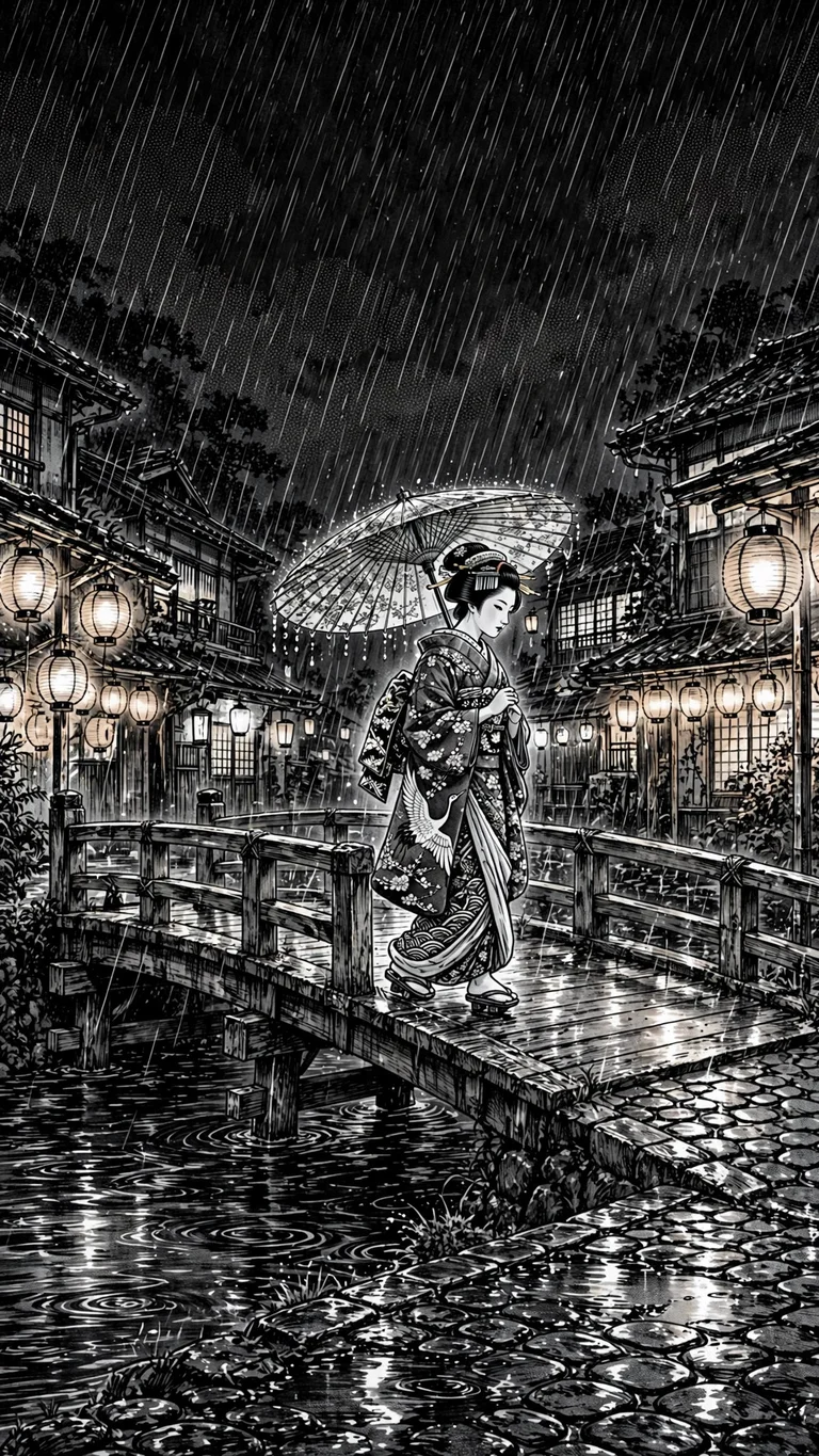 geisha with paper umbrella in night rain ink manga wallpaper