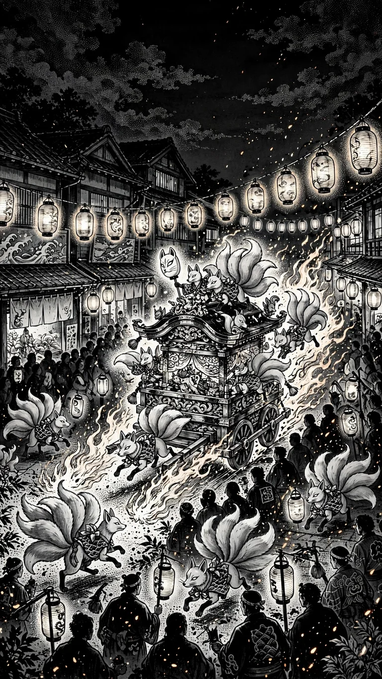 kitsune fox fire festival parade ink manga wallpaper