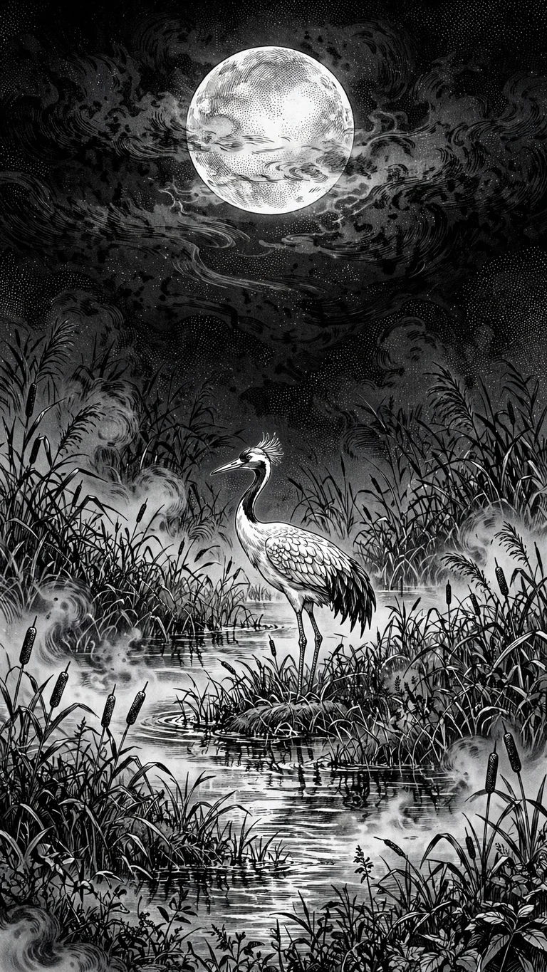 ink manga crane under a full moon in wetlands wallpaper