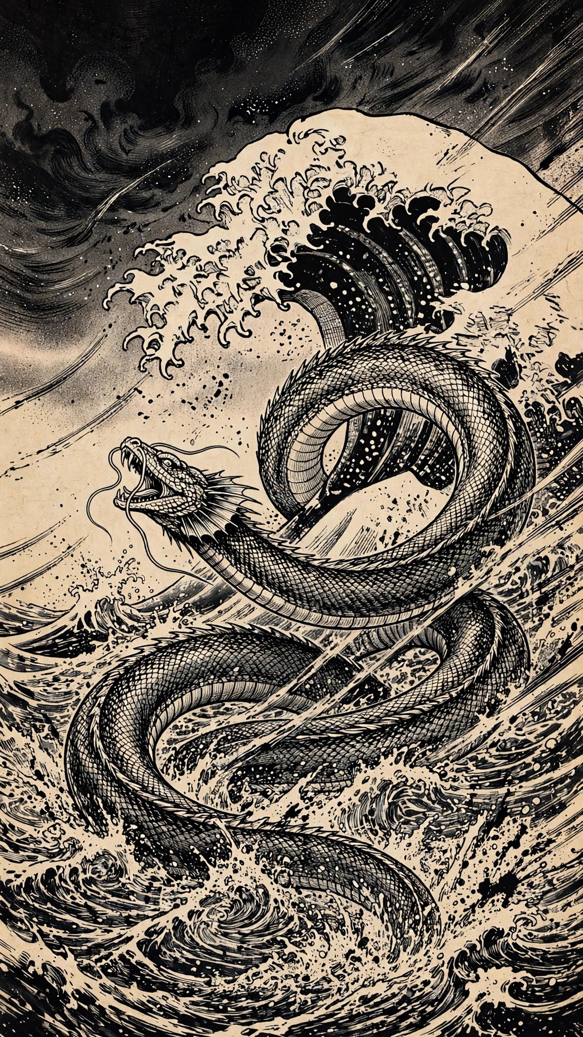 sumi ink sea serpent in a storm wave wallpaper