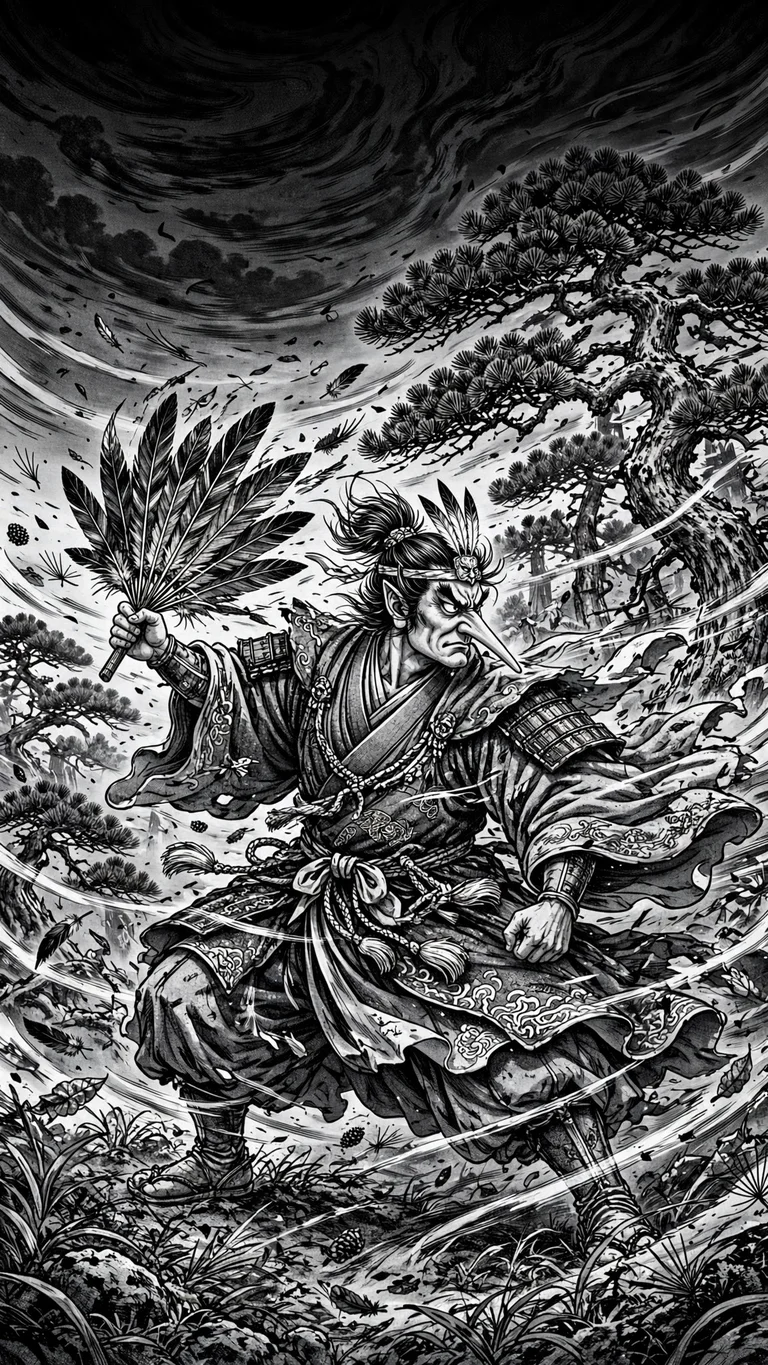 tengu warrior in wind-bent pines ink manga wallpaper