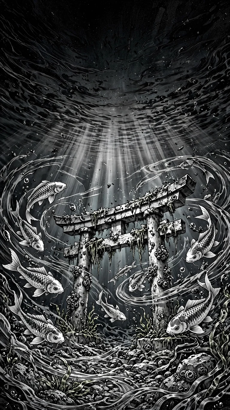 sunken torii gate with koi fish ink manga wallpaper