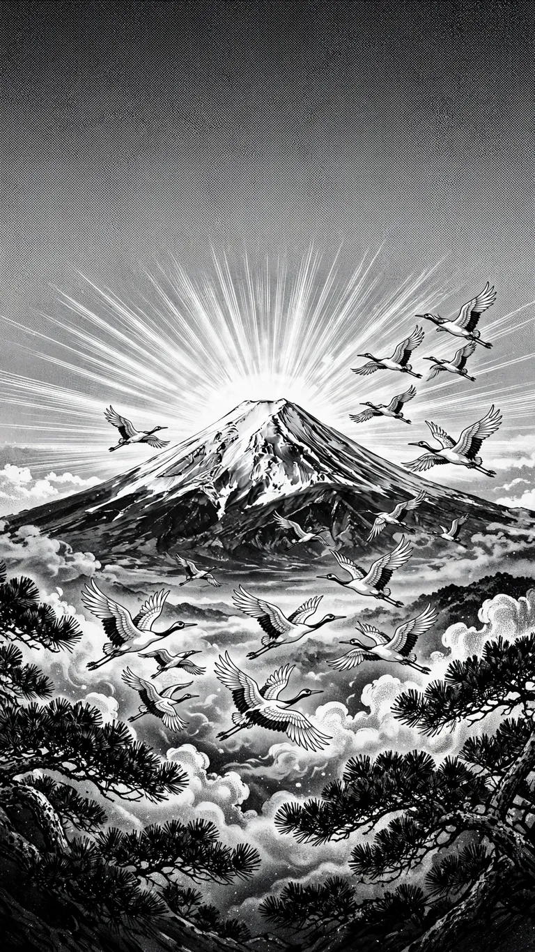Black-and-white manga scene of cranes flying past Mount Fuji at dawn.