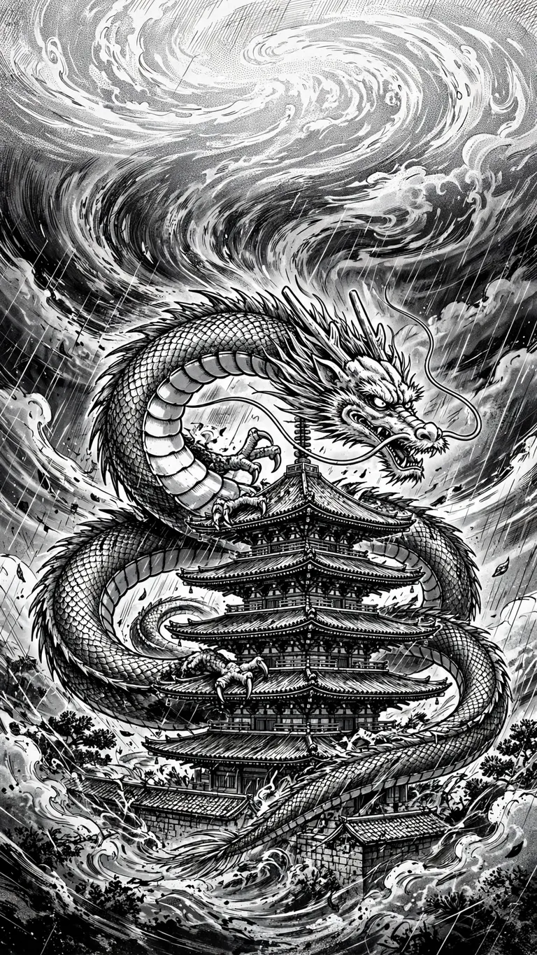 Black-and-white ink manga art of a dragon coiling over a pagoda in a storm.