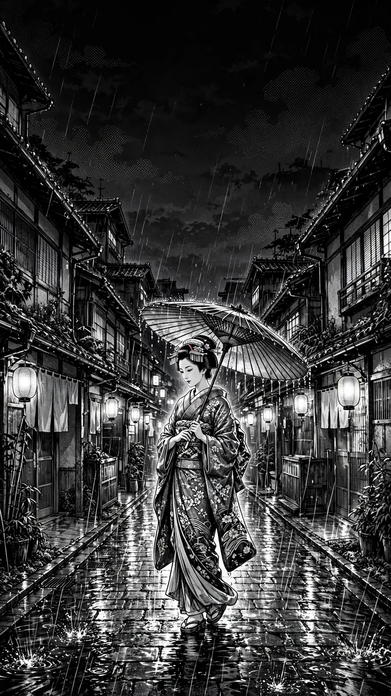 Ink manga illustration of a geisha with an oil-paper umbrella on a rainy Kyoto street.